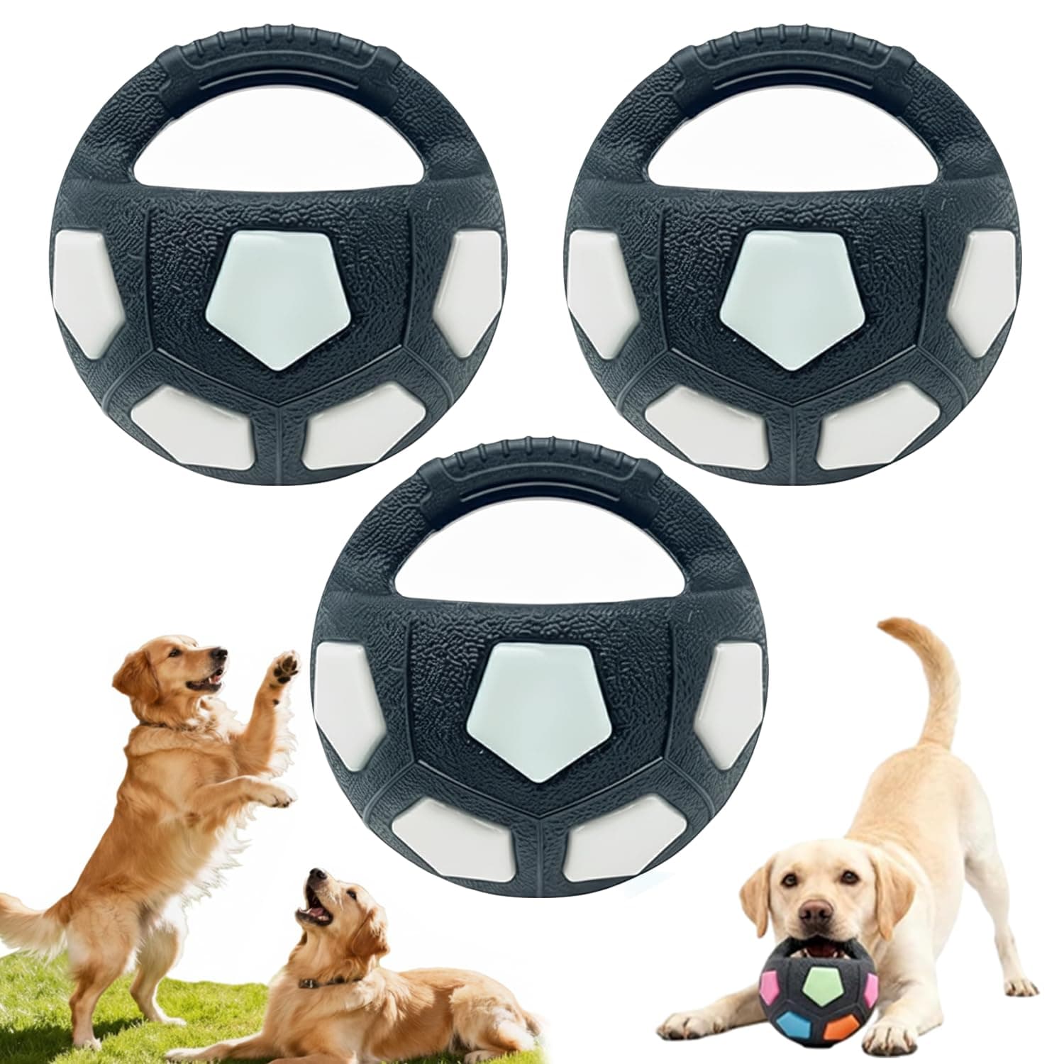 TPR Dog Soccer Ball Toy – Durable & Interactive, Dog Soccer Ball With Handle, Squeaky Floating Rubber Balls Dogs Chew Fetch Toy Suitable for All Kinds Of Dogs, Training and Outdoor Games (Black*3)