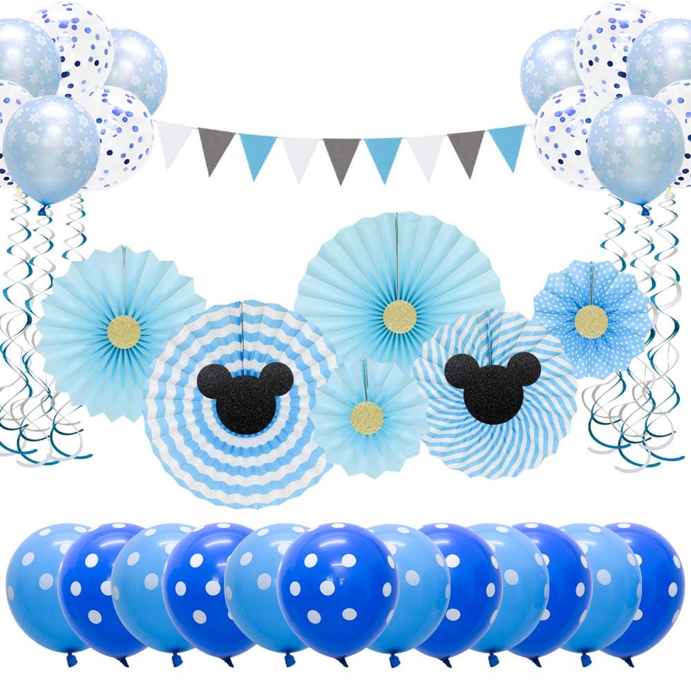 Meiduo 43 Pcs Blue Boy Birthday Party Decorations Kit, Cartoon Mouse Silhouette Paper Fans, Dot and Snowflake Balloons, Banner and Swirls for 1st Baby Shower, Classroom Decor