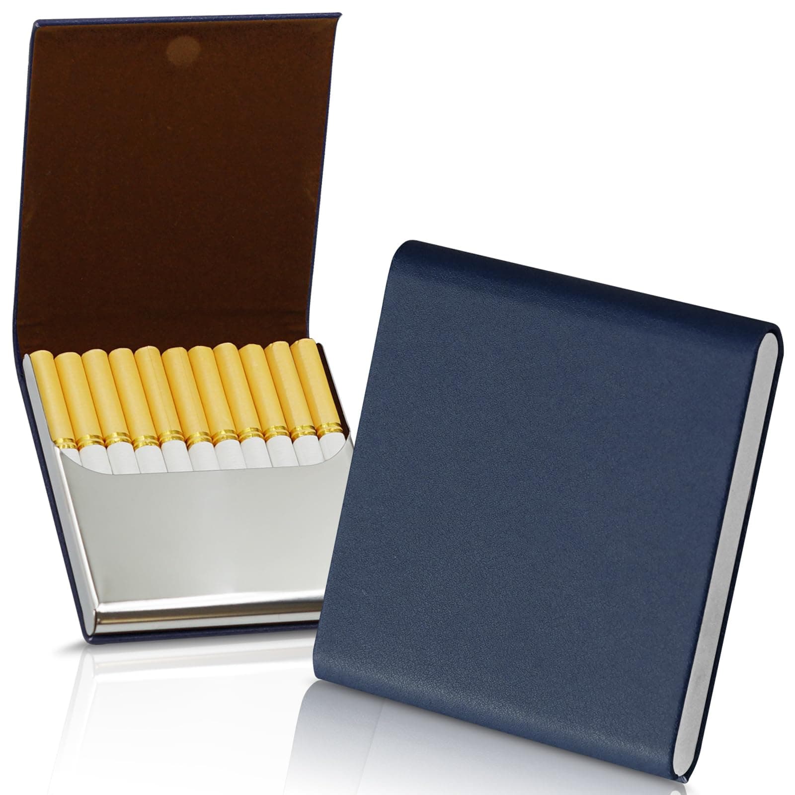 ZHOMA Portable Slim Leather Cigarette Case with Magnetic, Metal Cigarette Carrying Box for Hold 10 Regular Size Cigarettes, Ultra-Thin One-Hand Operate Cigarette Pocket for Men and Women -Navy Blue