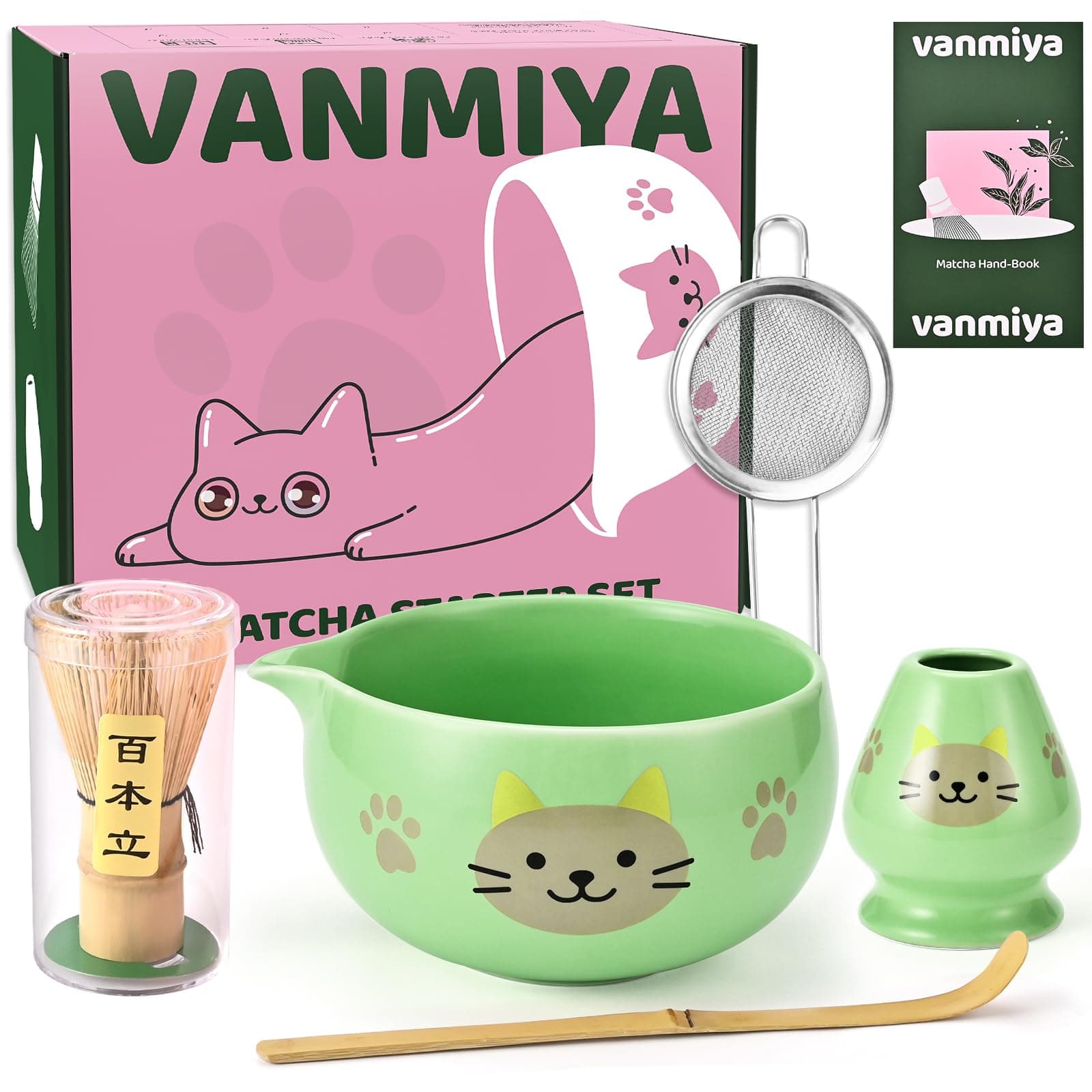 Vanmiya Matcha Whisk Set, 5Pcs Ceramic Matcha Set Includes Matcha Bowl, Matcha Whisk and Holder, Bamboo Scoop and Sifter, Ideal Matcha Bowl Set for Authentic Matcha Tea Experience