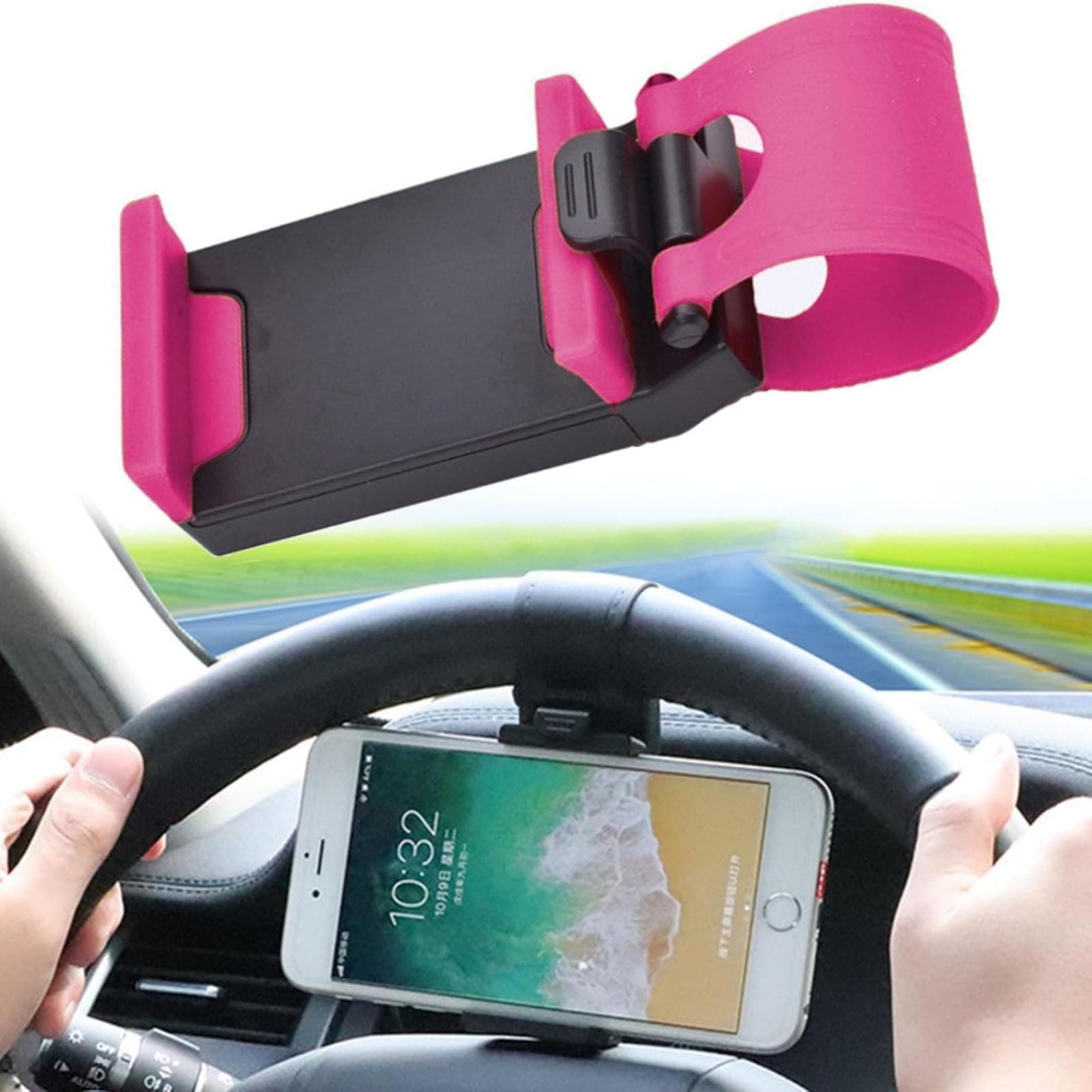Syanus Steering Wheel Phone Holder, Portable Car Stand Mount, General Car Steering Wheel Phone Holder for Easy Navigation Communication While Driving (Pink)