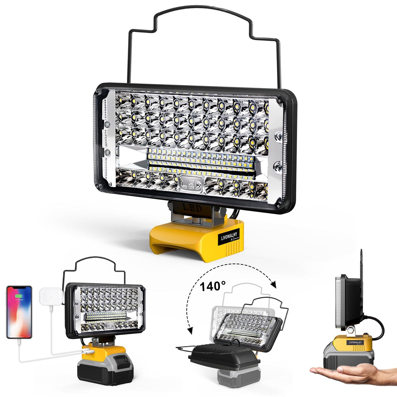 LIVOWALNY Cordless 20V LED Work Light Compatible with Dewalt 20V Max Battery,148W 14800LM 7" Floodlight, LED Flashlights with USB & Type-C & Low Voltage Protection & 140° Pivoting Head