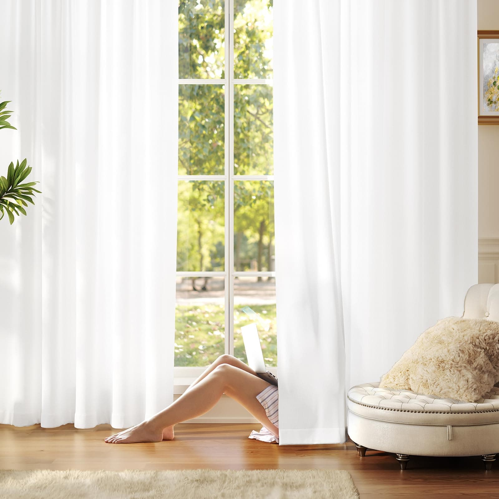 Anmao Non-See-Through Bright White Privacy Semi Sheer Curtains for Living Room 72 Inch Length 2 Panels Set, Light Filtering That Let Light in Rod Pocket Window Drapes for Bedroom, 40Wx72L, Pure White