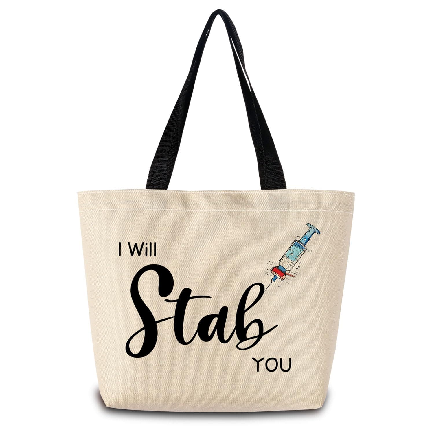 ZhuVantrix Funny Nurse Tote Bag Reusable Grocery Bags Cute Aesthetic Shopping Shoulder Handbag with Interior Zipper Pocket Lightweight & Washable Stylish I Will Stab You Present for Women
