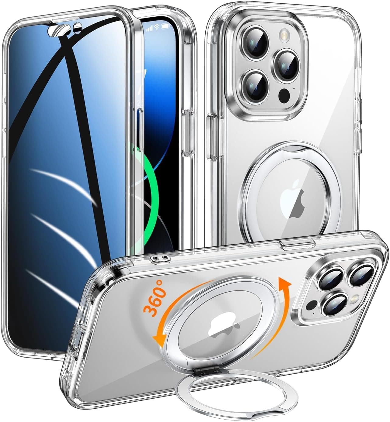 WASTROYAL Case for iPhone 14 Pro Max 360°Stand [Built-in Privacy Screen Protector] [Compatible with Mag Safe] [Magnetic Ring] Full Body Protective Phone Cover 6.7", Clear