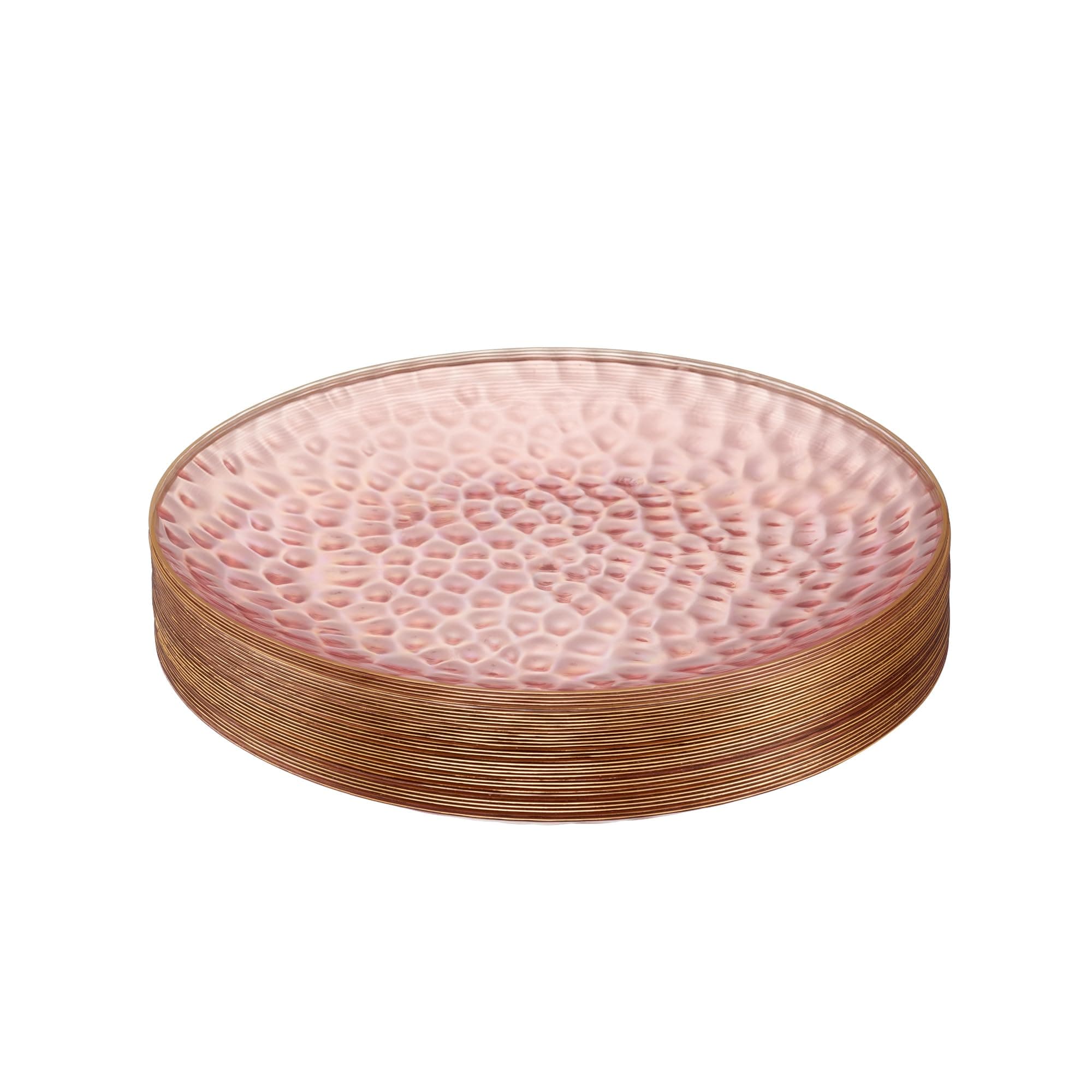 PLASTICPRO 30 Pack Hammered Plastic Plates Heavyweight Disposable Plastic Plates Elegant Clear Rim Platsic Party Dishes (Hammered Pink With Gold Rim, 7'' INCH PLATES)
