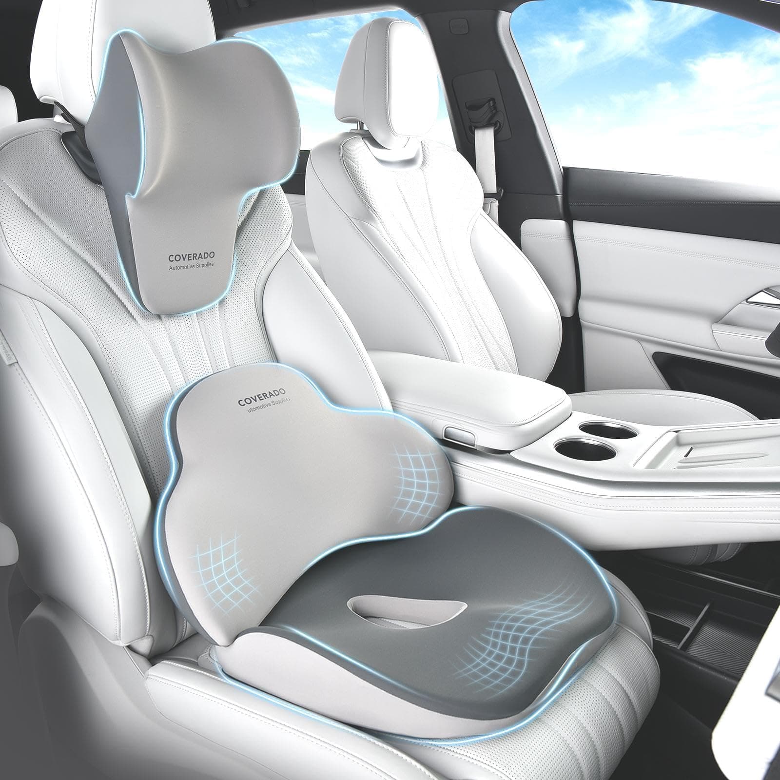 Coverado Seat Cushion and Lumbar Support Headrest Pillow for Car Office Chair, Ergonomic Memory Foam Chair Cushion Back Neck Support Pillow, Sciatica & Back & Tailbone Pain Relief Cushion-Bgray