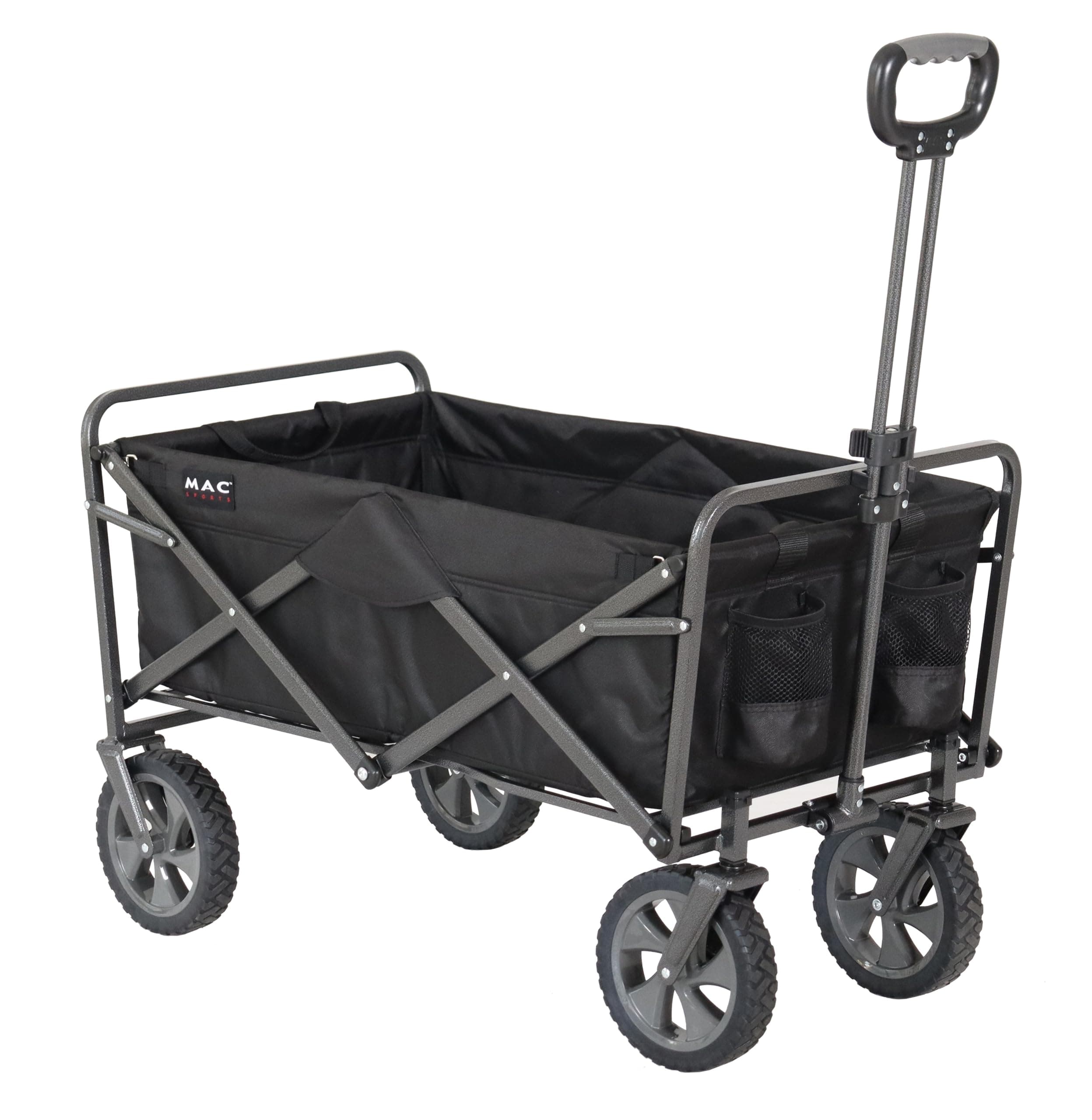 Mac Sports 150 Pound Collapsible Folding Heavy Duty Steel Frame Outdoor Camping Garden Utility Wagon with Adjustable Handle Lock, Black