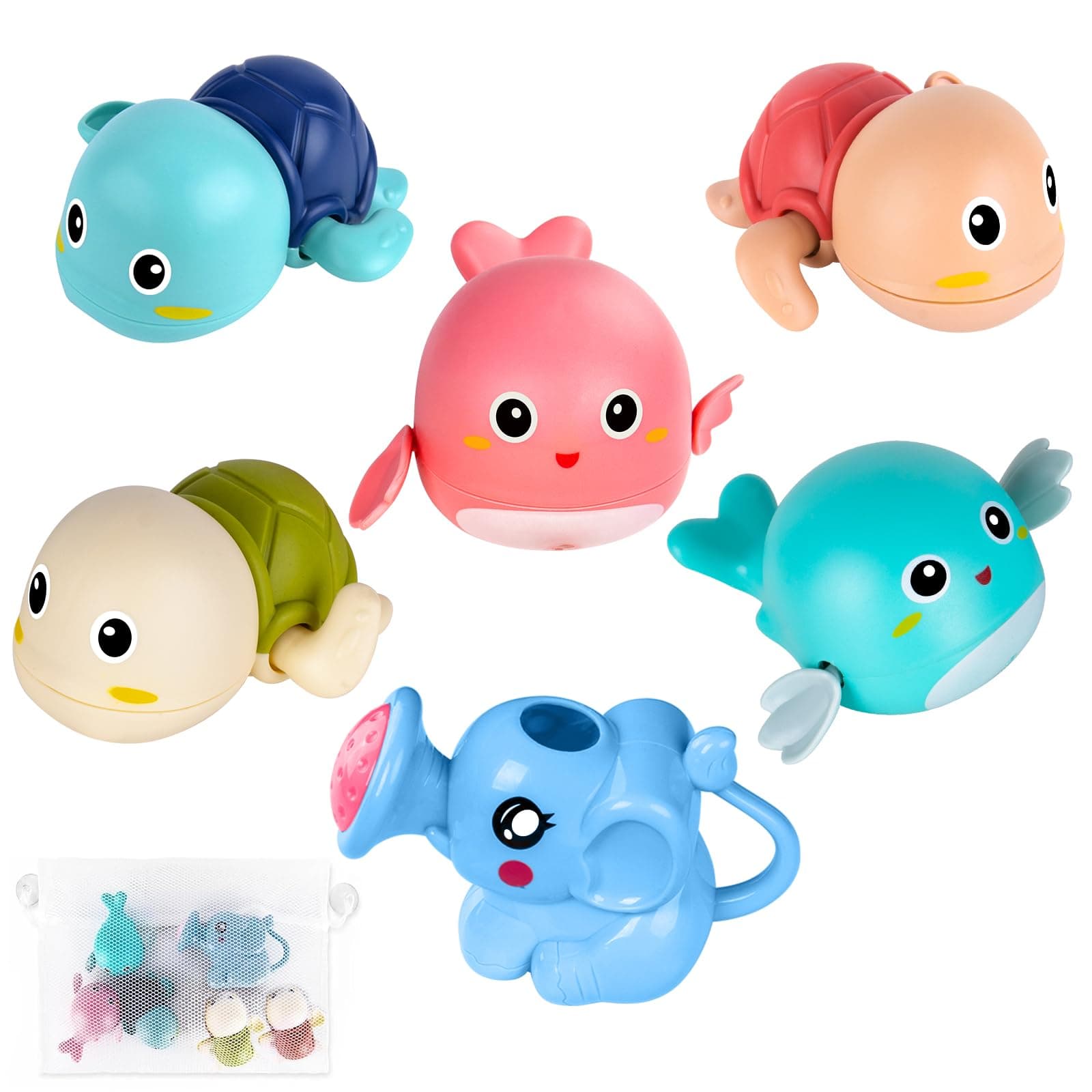 FAYOGOO Bath Toys 6 Pack Baby Swimming Wind Up Turtle Fish for Toddlers 6 12 18 Months Infant Tub Toys Game 1-3 Kids Boy Pool Bathtub with Storage Bain Bebe Jouet
