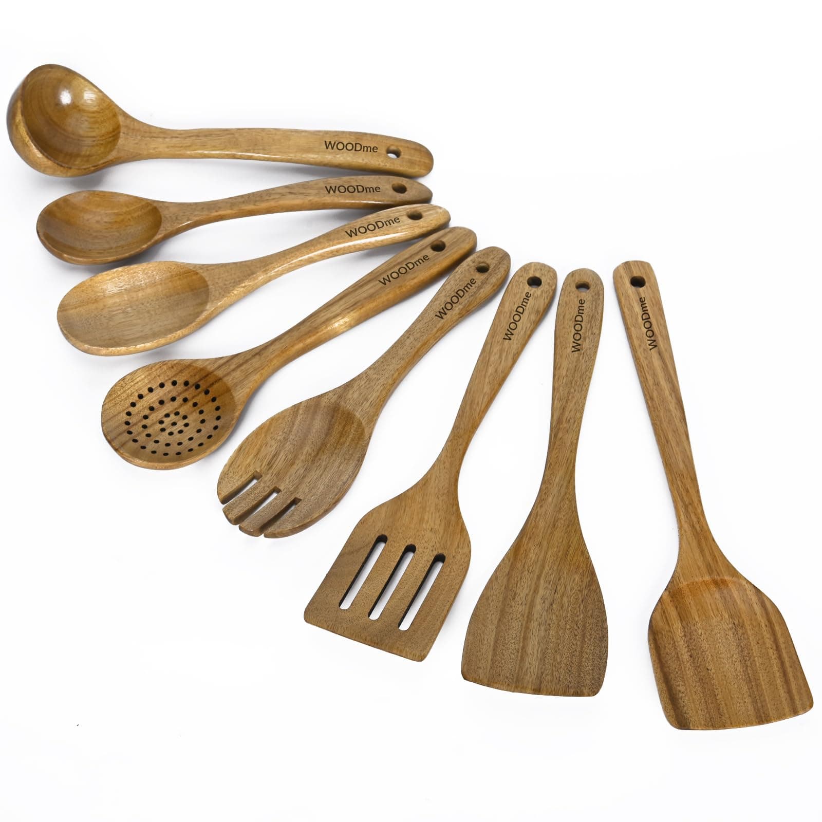 WOODme Acacia Wooden Cooking Spoons – 8PCS Set of Nonstick-Safe Spoons and Kitchen Tools – Natural Wood, Eco-Friendly & Heat Resistant (8PCS Acacia Wooden Cooking Spoon)