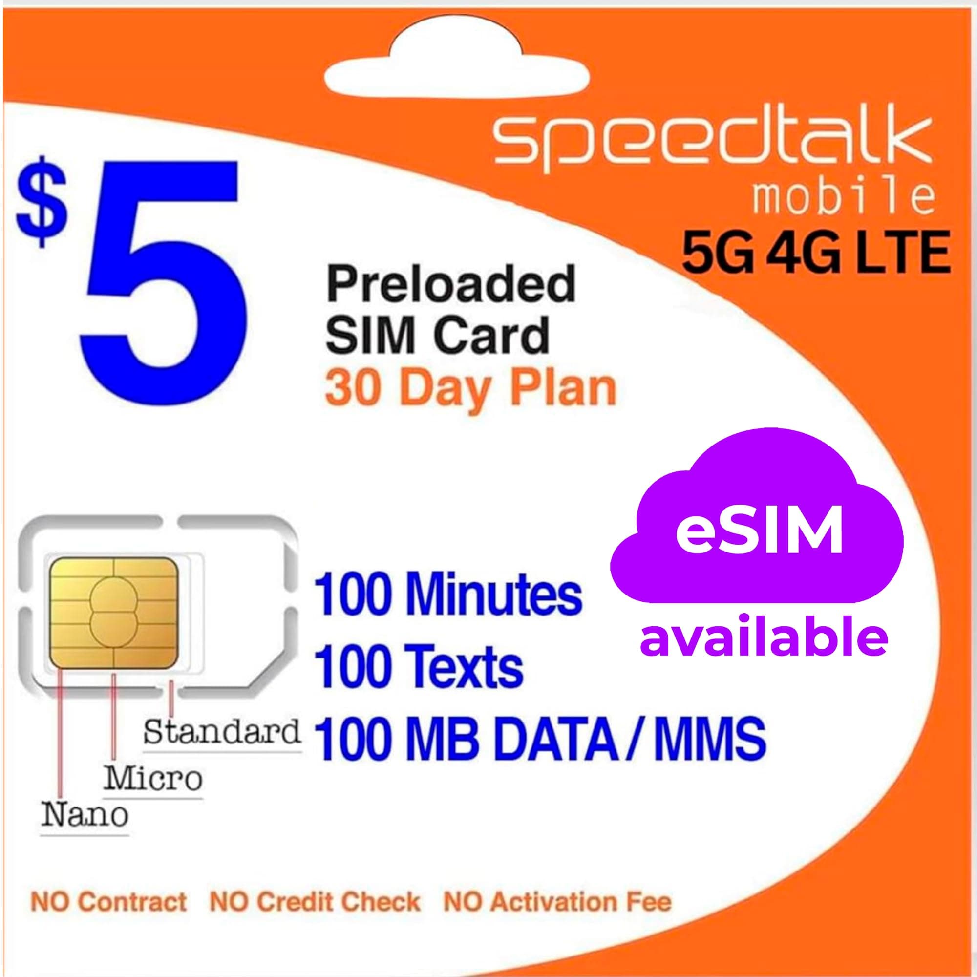 SpeedTalk Mobile $5 Prepaid SIM Card – Top Value Plan for Smartphones & Cellphones | 100 Minutes, 100 Texts, 100MB Data | 5G/4G LTE | Triple-Cut (Mini, Micro, Nano) | No Contract – 30-Day Service