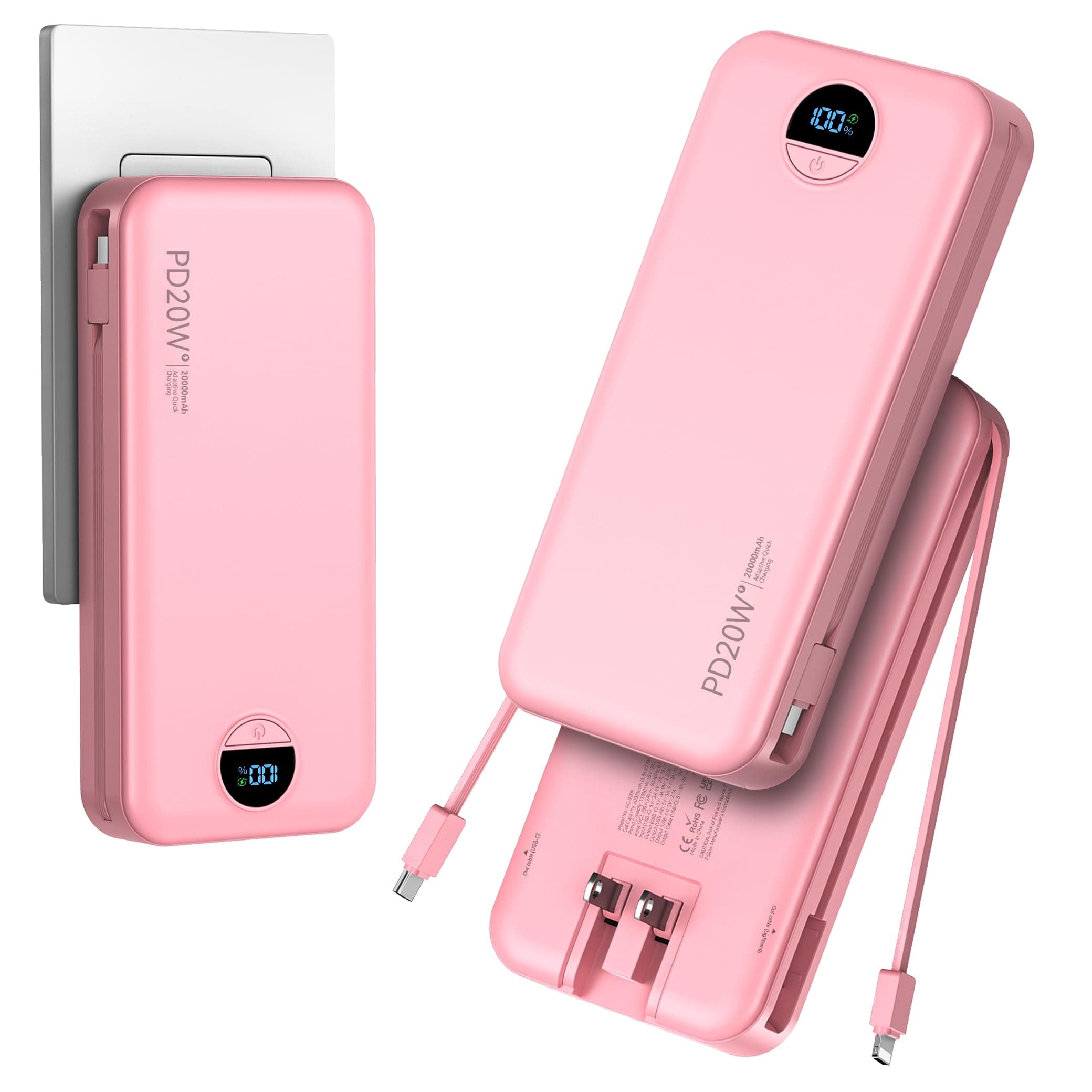 Portable Charger Power Bank 20000mAh with Built in Cables & Wall Plug