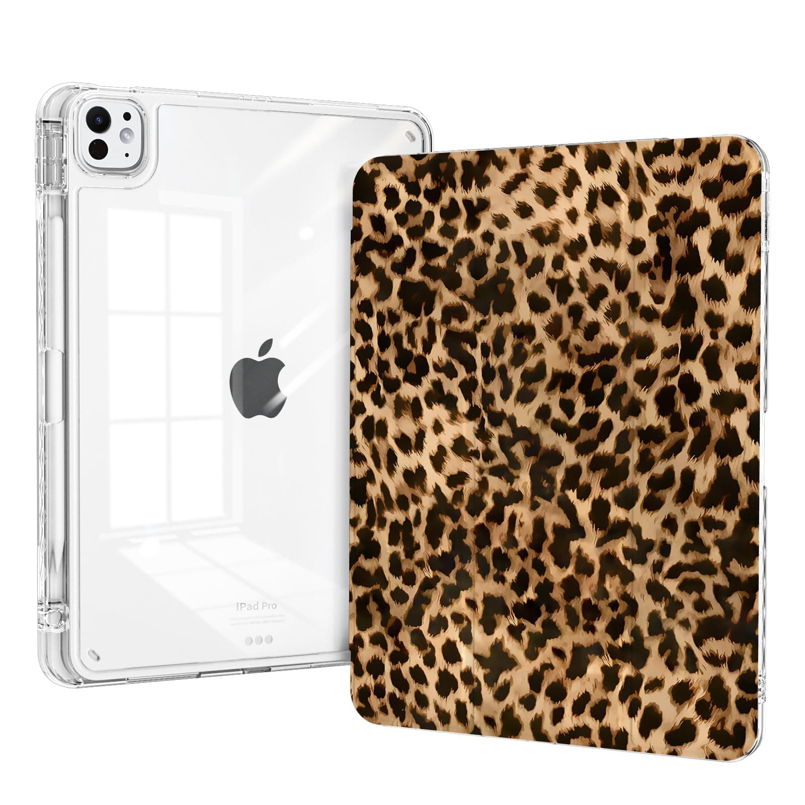 Piznernico Clear Case for iPad Air 13 inch M3 2025 & M2 2024 & iPad Pro 12.9" 6th/5th/4th/3rd Generation Case with Pencil Holder, Trifold Sturdy Stand & Transparent Back Cover, Brown Leopard