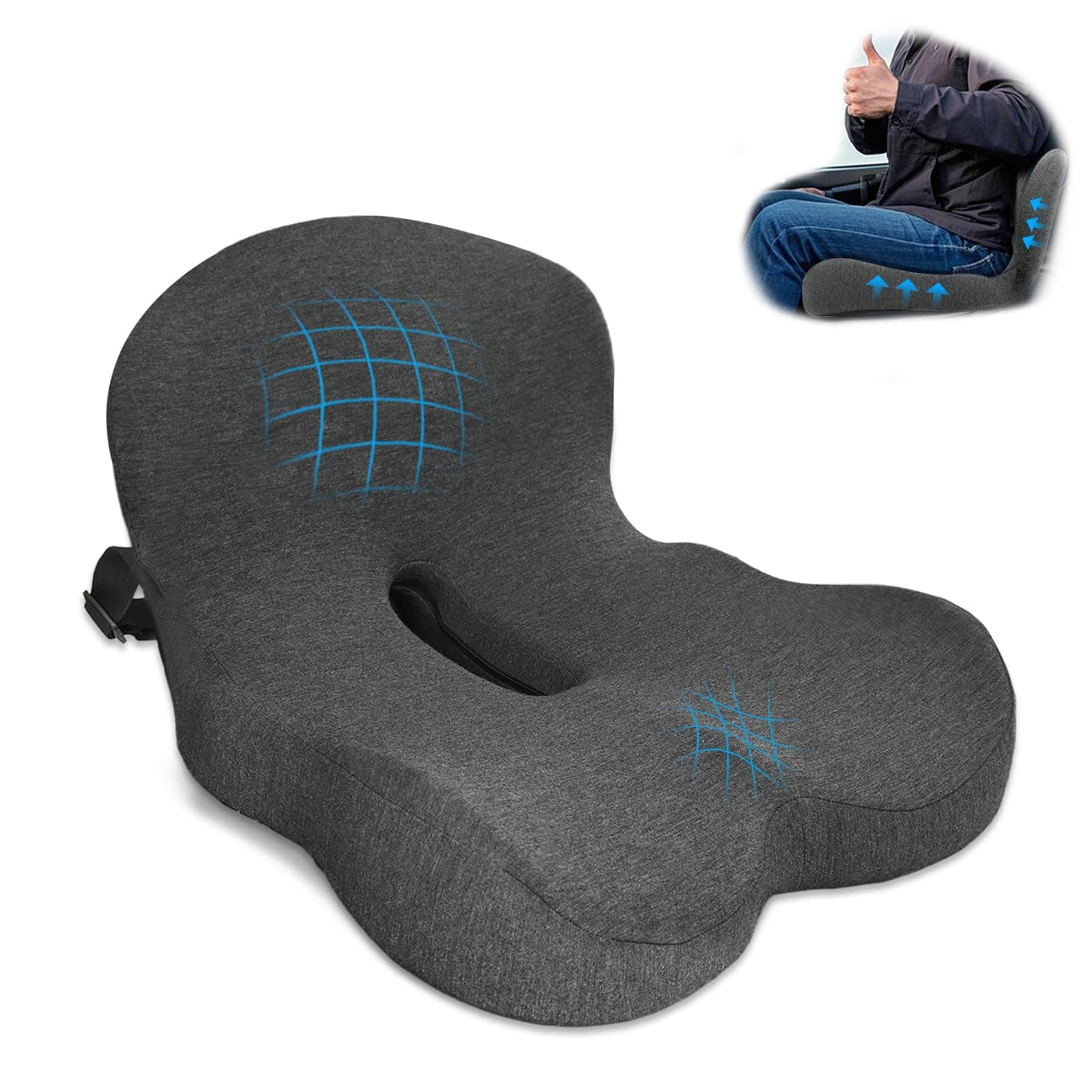Seat Cushion,Car Seat Cushion with Lumbar Support for Back Pressure Relief,Office Chair Cushion with Adjustable Strap,Sciatica Pad Cushions for Car,Truck, Desk,Gaming Chair