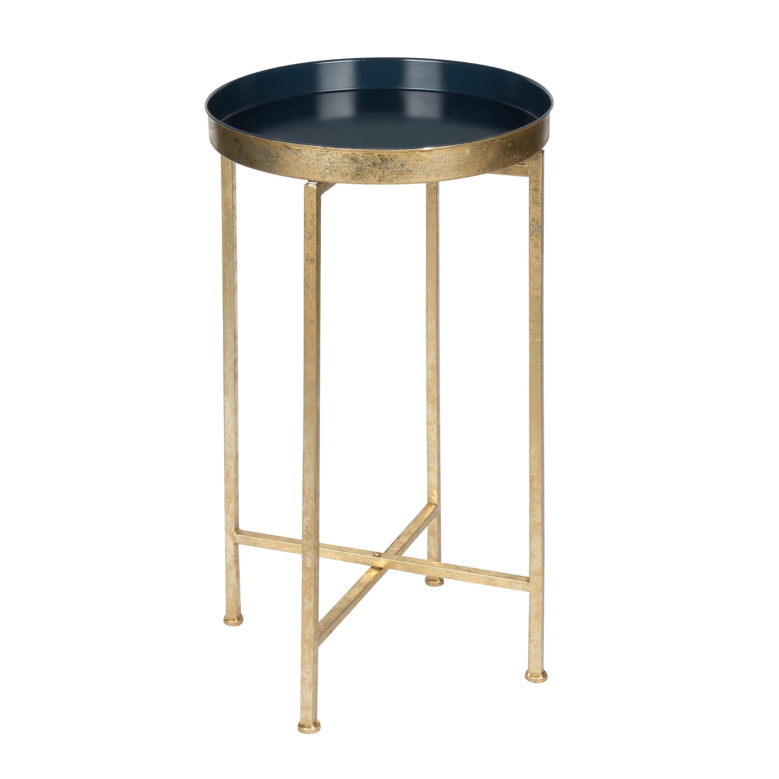 Kate and Laurel Celia Round Metal Foldable Tray Accent Table, Navy Blue and Gold