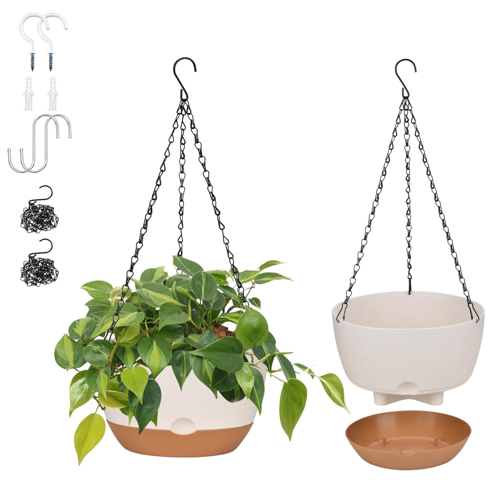 Hanging Planters for Indoor Plants, 2PCS 8 Inch Self Watering Pots with Metal Chain, Ceiling Hooks, Drainage Holes, Removable Saucer, Outdoor Hanging Flower Basket Holders for Garden Home - White