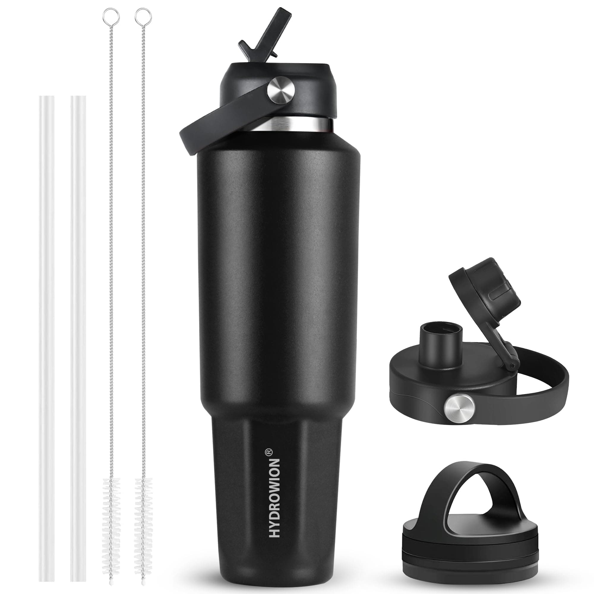 HYDROWION 32 oz Insulated Water Bottle, Car Water Bottle Holder - Double Wall Vacuum Insulated Travel Bottle with Straw Lid, Spout Lid and Flex Cap - Cold for 24H, Hot for 12H, Black