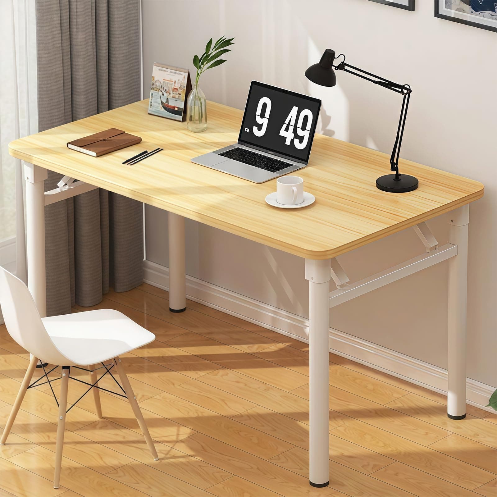 HDHNBA 31.4" Modern Folding Desk - No Assembly Computer Table, Space Saving for Home Office,Natural Desktop with White Legs