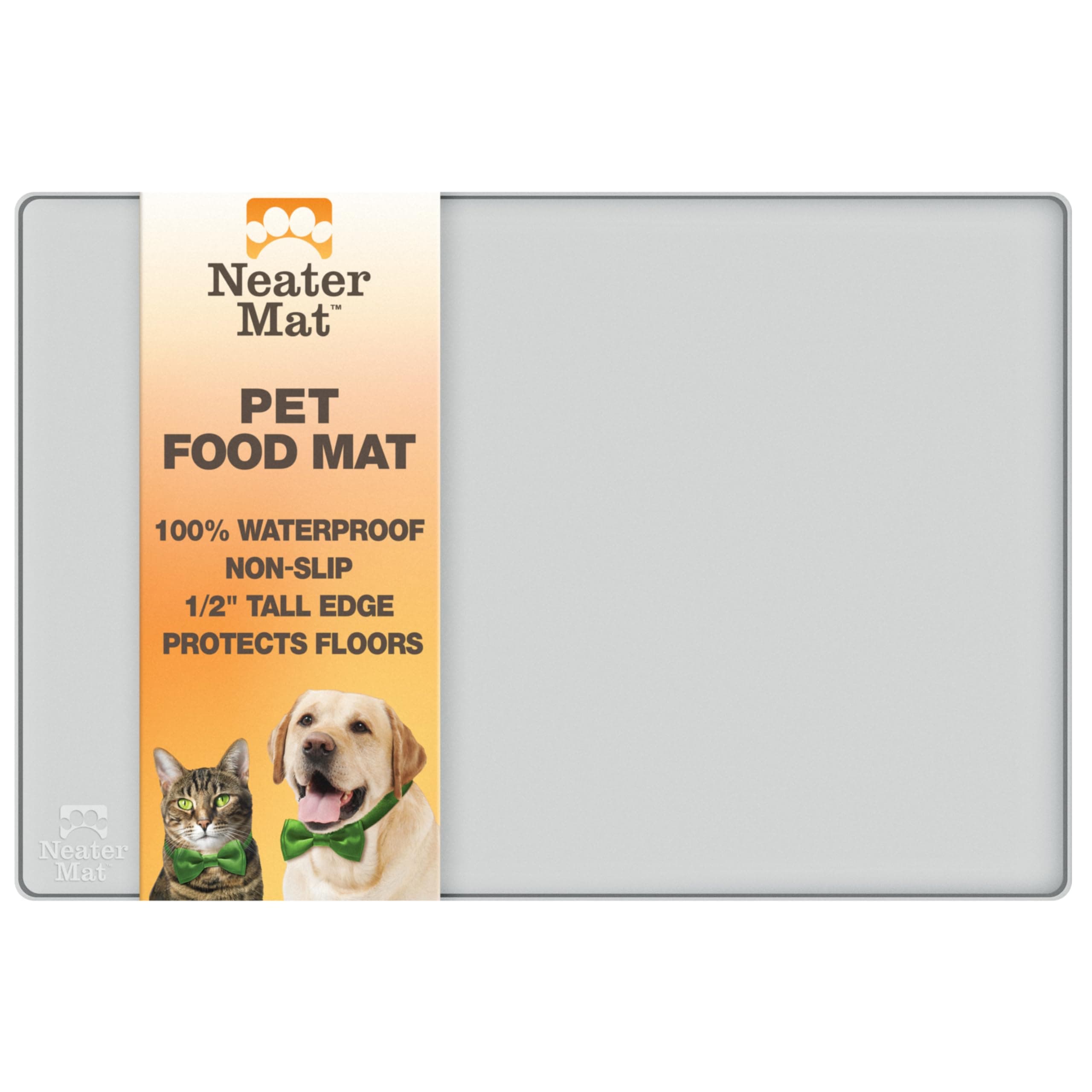 Neater Pet Brands Neater Mat Pet Mats for Food and Water, Cat & Dog Bowl Mat Waterproof Silicone, Feeding Tray, Dog Food Mats for Floors, Placemat w/Raised Edge for Under Bowls, 16” x 10”, Light Gray