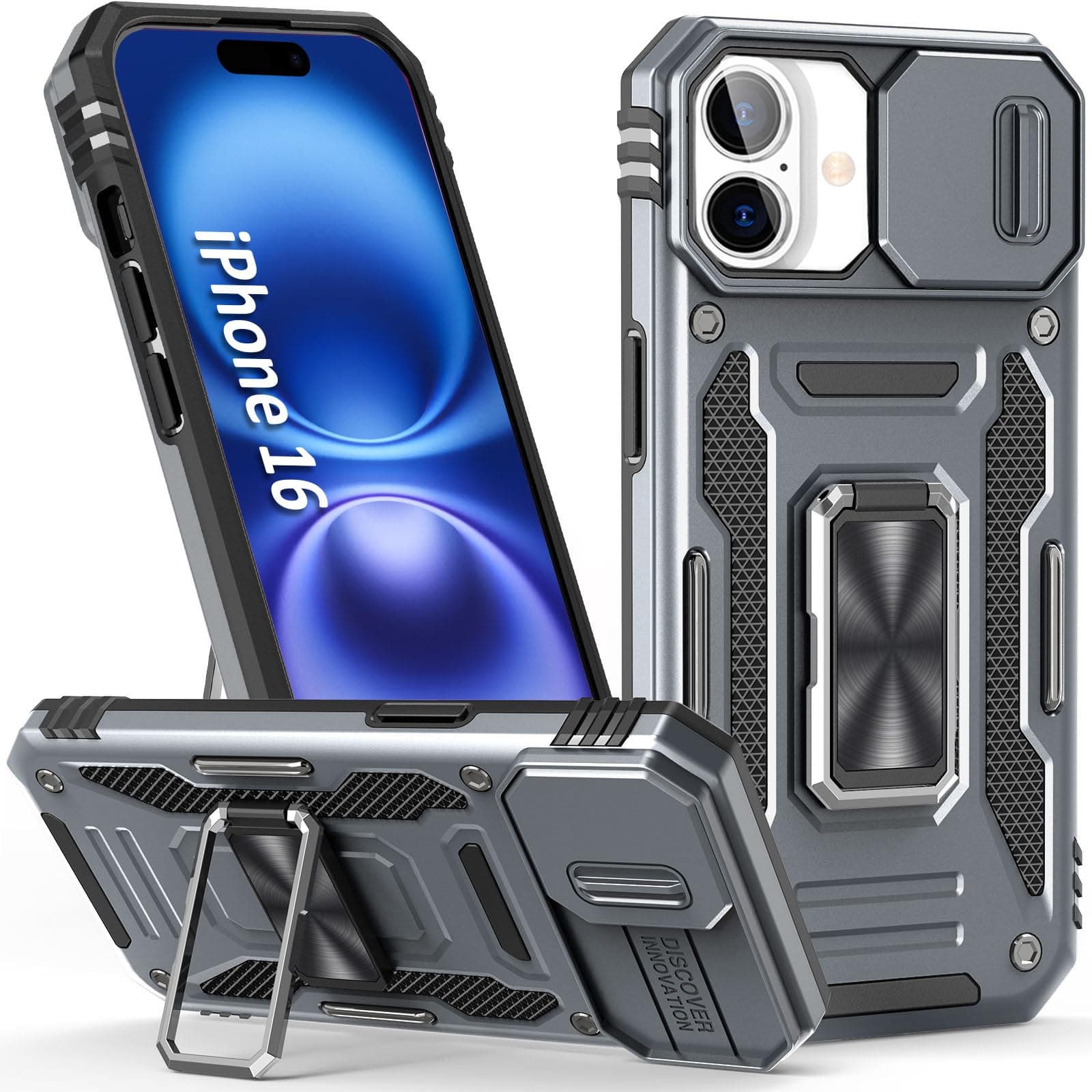 SEFING Phone Case for 16 iPhone Case with Kickstand Ring Holder, with Camera Cover, with Magnet Car Mount Function, for iPhone 16 (Grey)