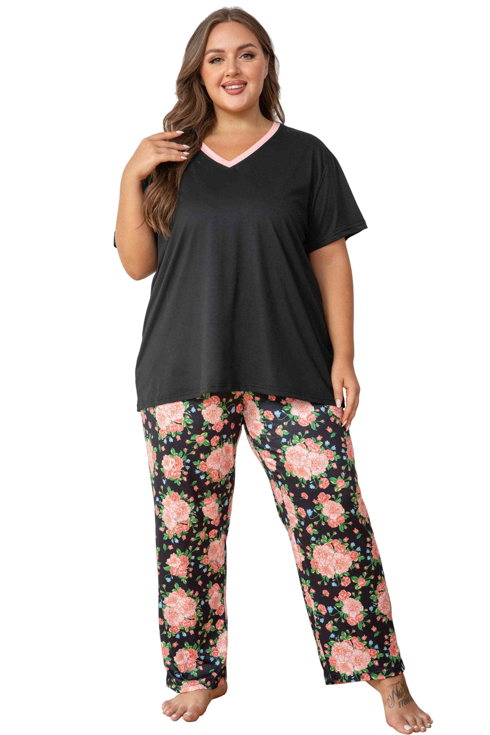 Vozanet Women's Pajama Sets Short Sleeve with Long Pant Soft Sleepwear Printed pj Loungewear With TWO Pockets Size 1X to 5X, Pink Flowers/Black, X-Large