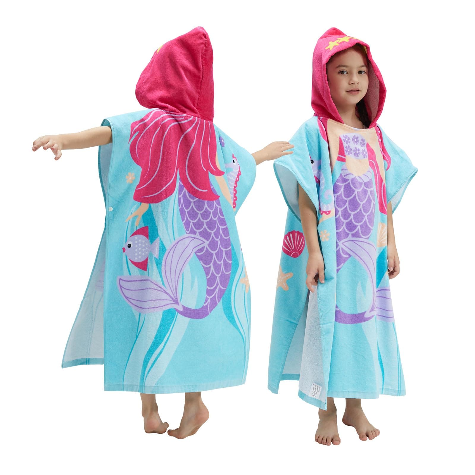 Kids Beach Pool Bath Hooded Poncho Towel,BANGSAUR 100% Cotton Surf Changing Towels Wrap, Baby Toddler Girl Boys 3-12 Years (Purple Mermaid,9-12Years/Height:49"-59";125-150cm)