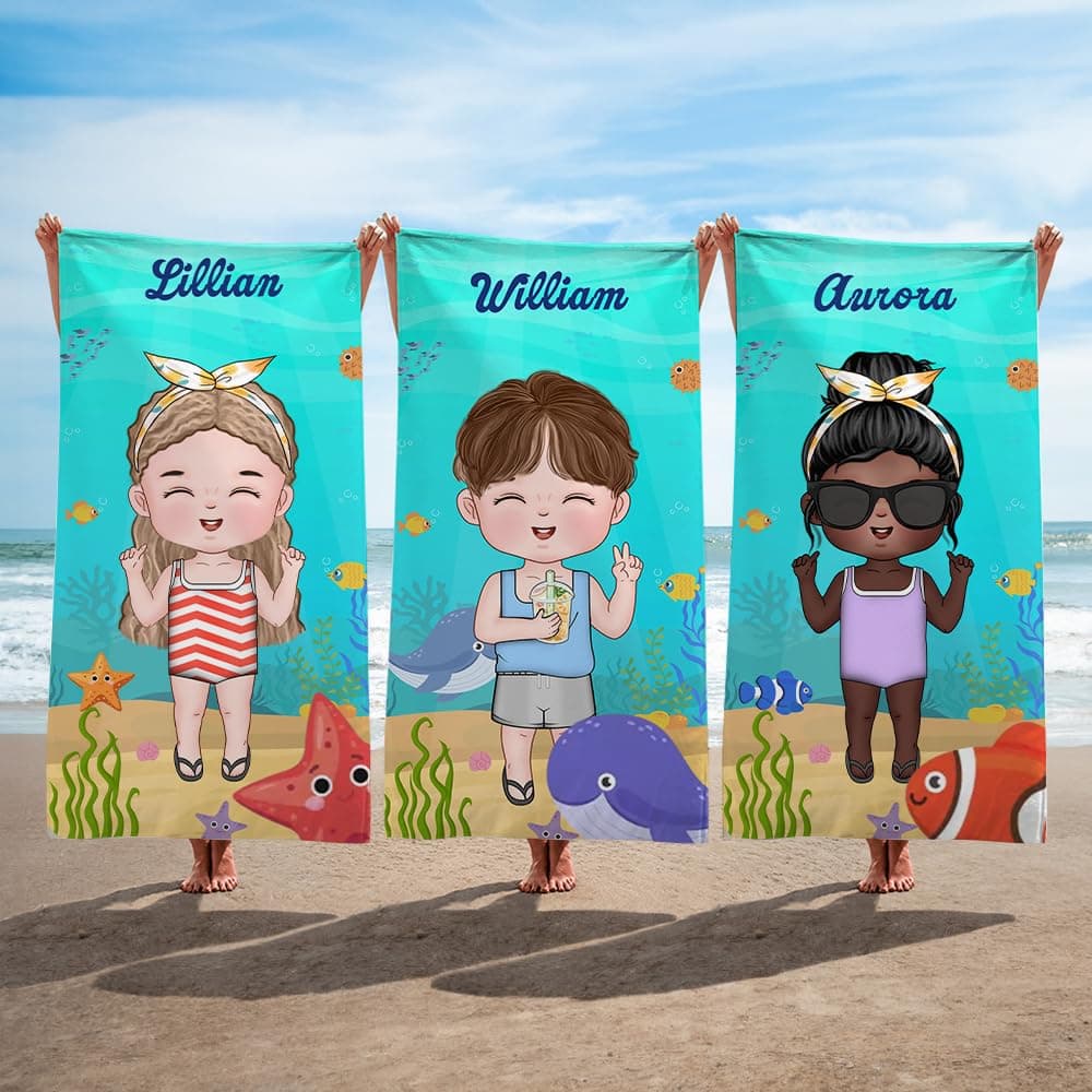 idooodle Custom Cartoon Character Beach Towel for Kids, Personalized Marine Theme Quick Dry Pool Towel with Name Quick Dry Absorbent Bath Towel