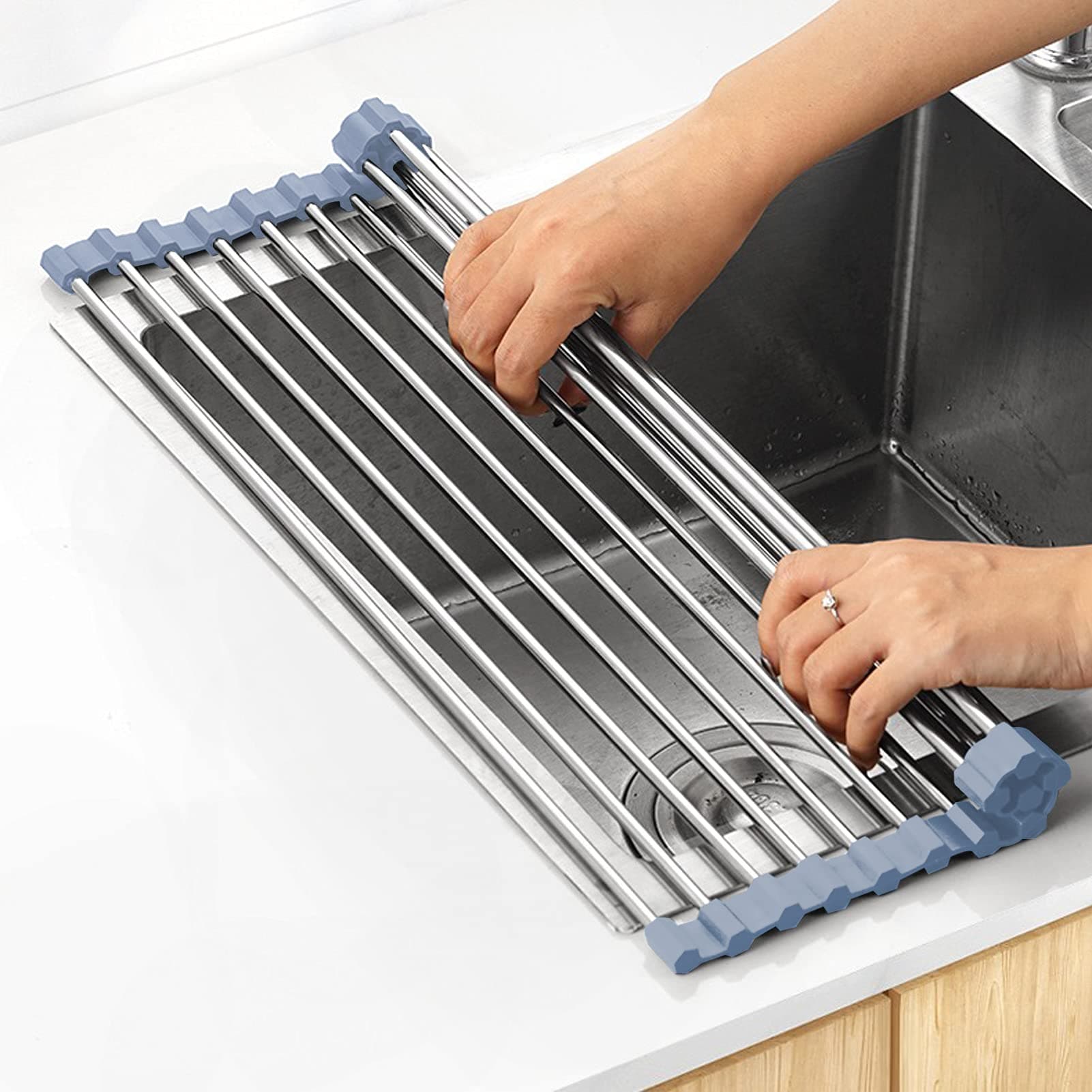 Over The Sink Dish Drying Rack, Roll Up Dish Drying Rack Kitchen Sink Rack Dish Rack Stainless Steel Sink Drying Rack, Foldable Dish Drainer (17.5''x15.6'')