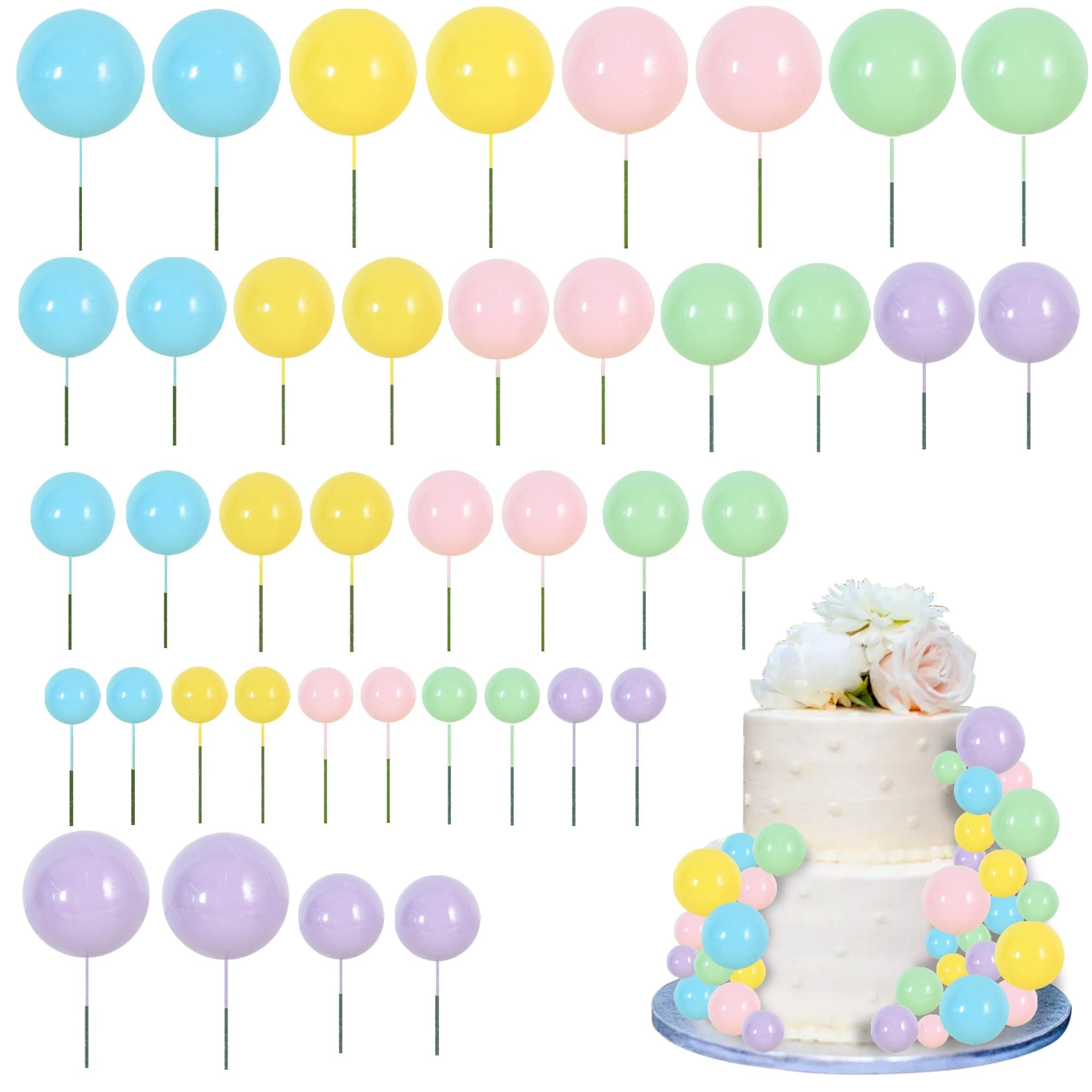 RIBBOOO 40 Pcs Ball Cake Toppers Mini Foam Balls Cake Decorations Insert Balls Cake Decorations DIY Cake Topper for Birthday Baking Anniversary Wedding Baby Shower Summer Holiday (Pastel Color)