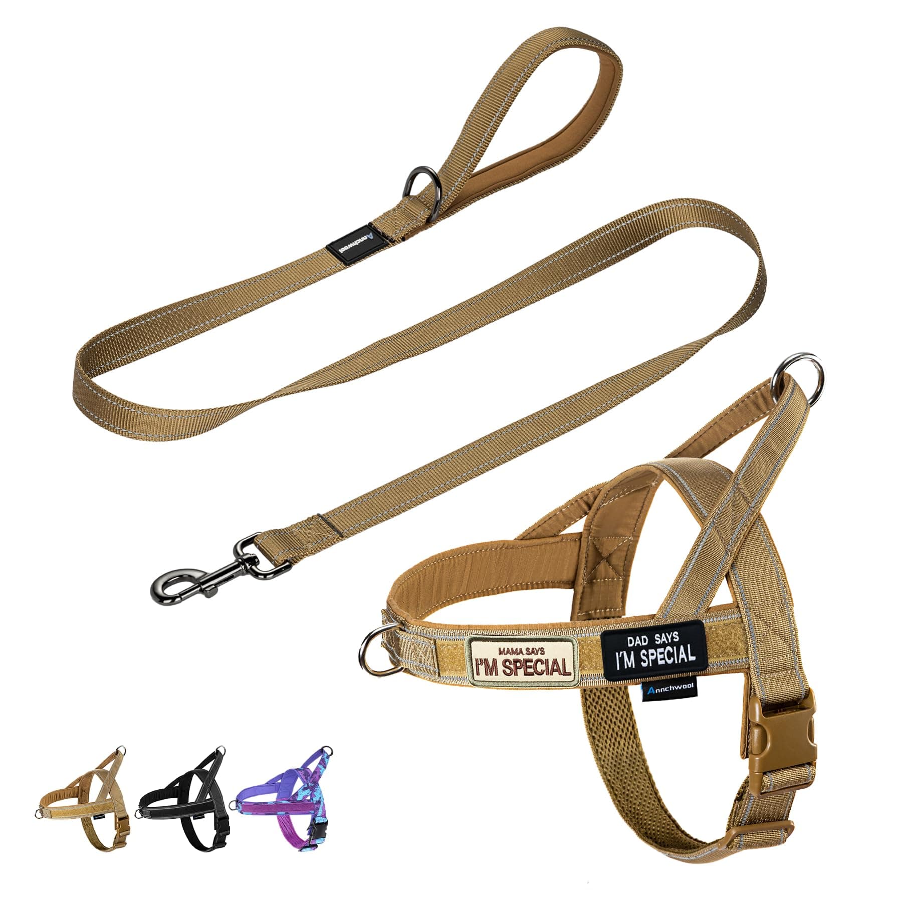 Annchwool No Pull Dog Harness with Padded Handle+5 Ft Leash,Reflective Strip Escape Proof and Quick Fit to Adjust Dog Harness,Easy for Training Walking for Small & Medium and Large Dogs(Brown-Set,S)