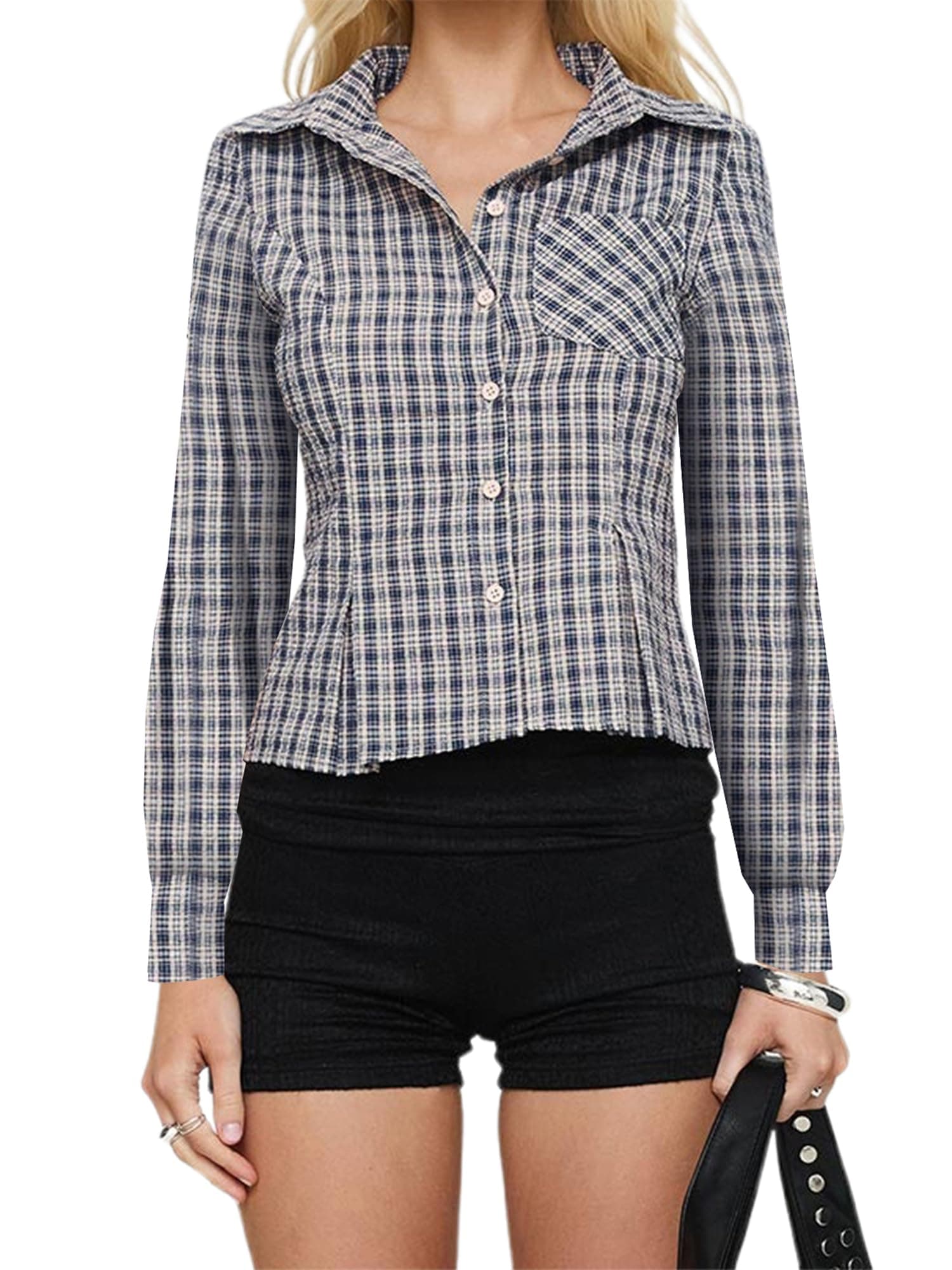 Women's Y2k Button Down Shirts Summer Fall Basic Ruffle Blouse Casual Lapel Collar Slim Fit Tops (J-a-Blue, XL)