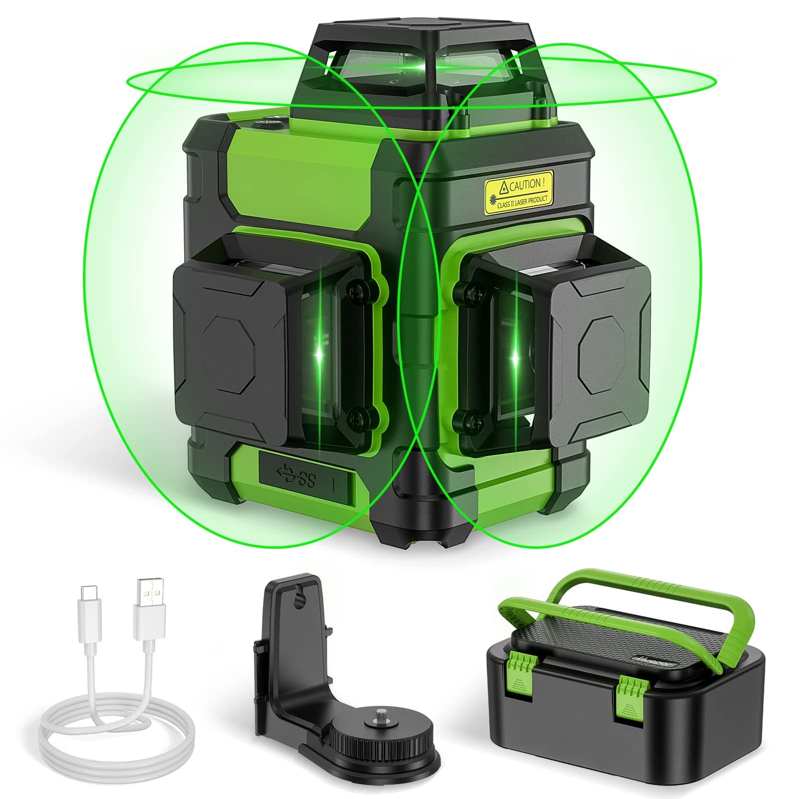 Huepar Laser Level 360 Self Leveling, Rechargeable Green Laser 3x360° Cross Line Lazer Leveler 3D Level Laser Tool for Construction and Picture Hanging, Strong Magnetic Bracket&Hard Carry Case -HM03CG