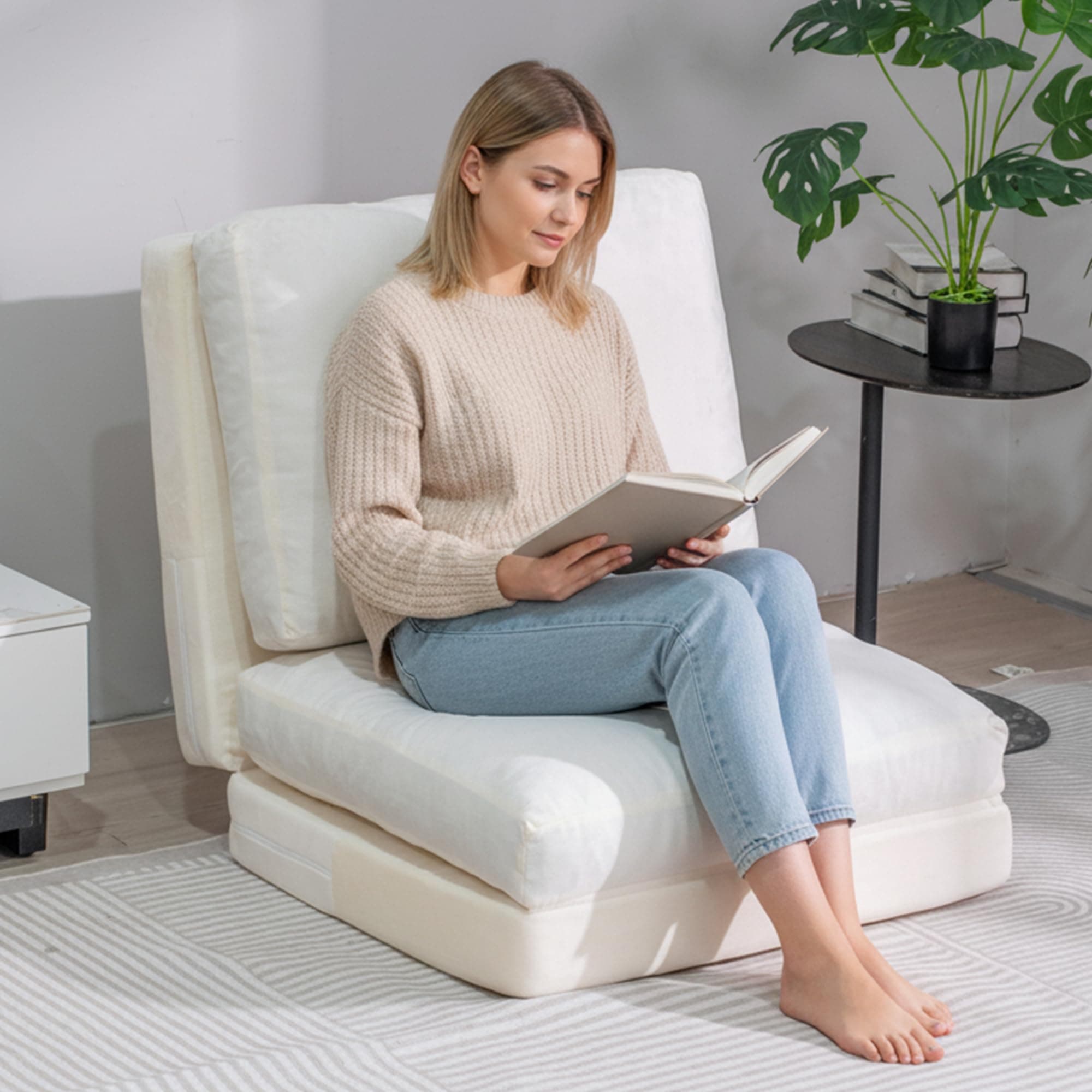 4-in-1 Folding Sofa Bed, Memory Foam Bean Bag Chair, Large Convertible Couch for Adults Play Together, Bedroom, Living Room, Apartment (Beige-small-29.13"x 99.99")