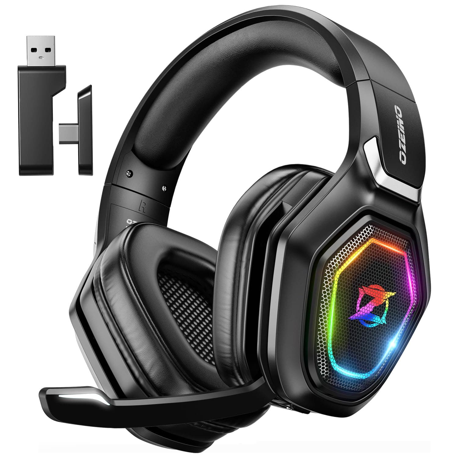 Ozeino Wireless Gaming Headset for PC, Ps5, Ps4 -USB & Type-C Ultra Stable Bluetooth 5.3 Gaming Headphones with Flip Microphone, 40+Hr Battery Gamer Headset for Switch, Laptop, Mobile, Mac(Black)