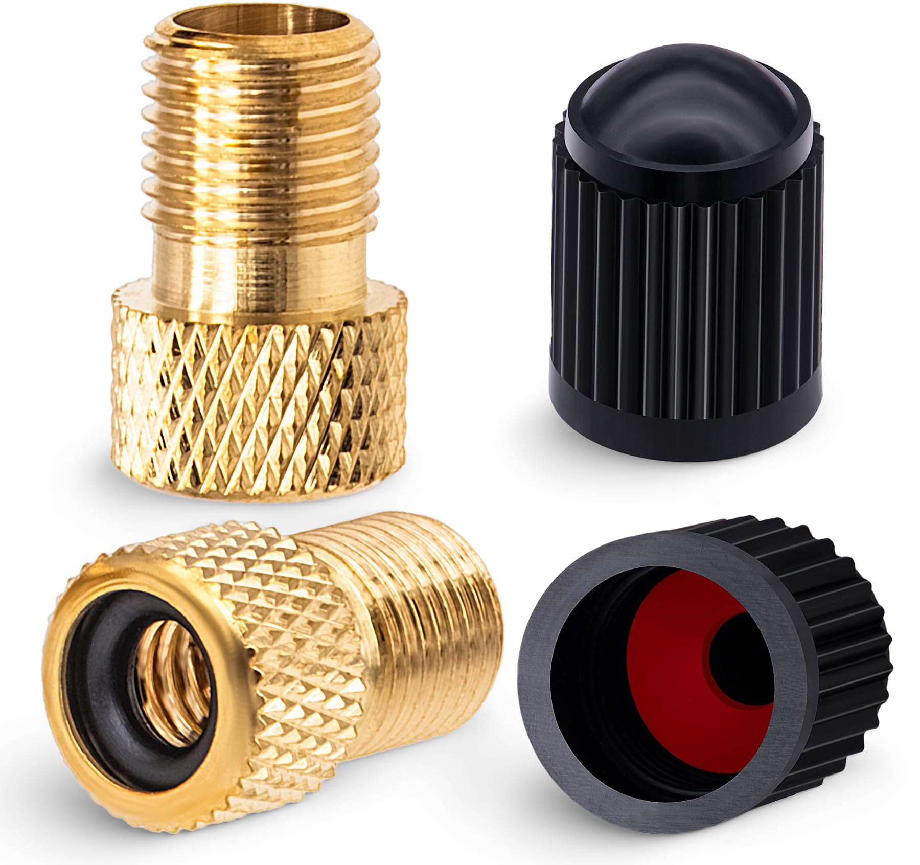 MEAJOO 2PCS Brass Presta Valve Adapter, Convert Presta to Schrader Adaptor, Inflate Tire Using Standard Pump or Air Compressor for Bikes, 2 Pack Black Tire Valve Caps(Reticulated Grain Style)