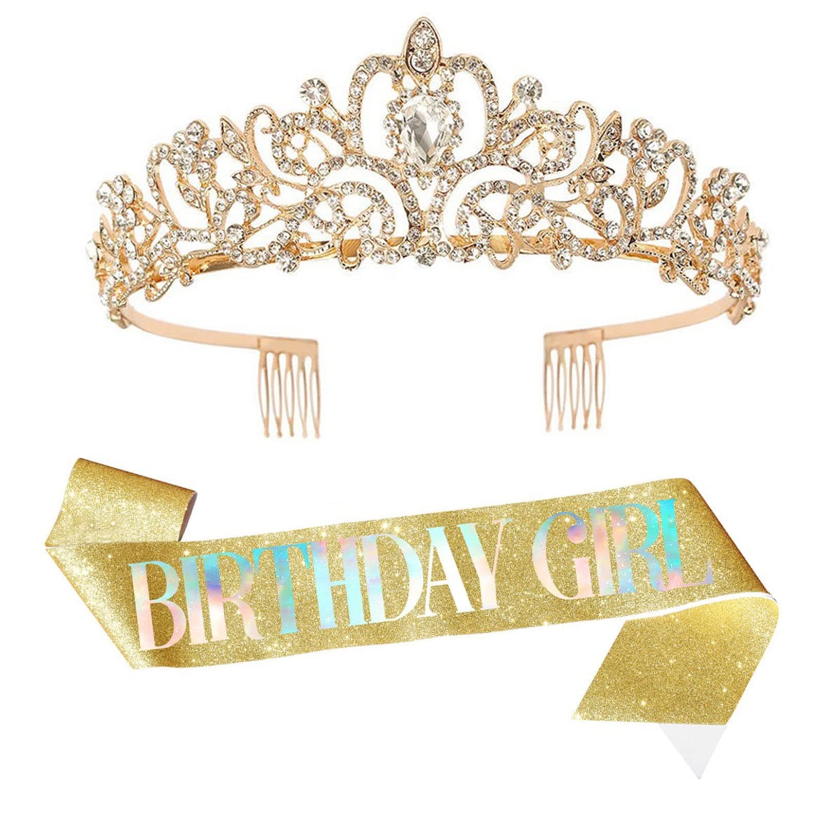 Dimetey Birthday Crown and Sash for Girl, Gold 'Birthday Girl' Sash & Rhinestone Tiara Set