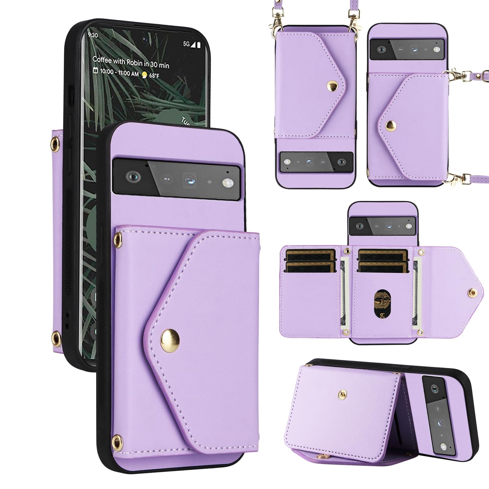 Dswteny Wallet Case for Google Pixel 6 Pro with Shoulder Strap,PU Leather Credit Card Holder Stand Accessories Cell Phone Cover for Pixel6Pro Pixel6 XL 6XL Pixle 6Pro 5G Women Men Purple