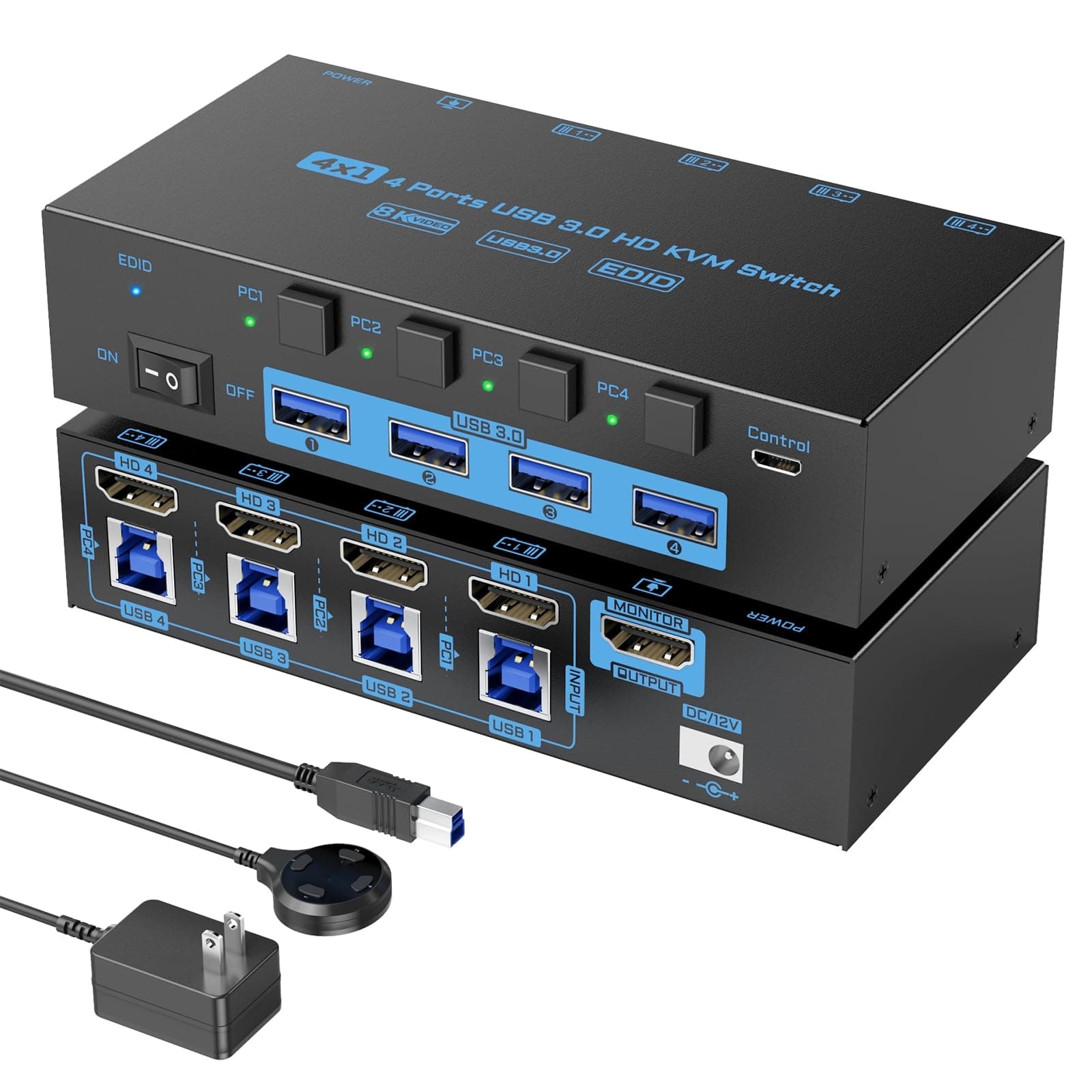 8K HDMI KVM Switch 4 Computers Sharing 1 Monitor, ANXQQ EDID KVM Function HDMI Switch 4 Ports 8K@60Hz 4K144Hz for 4 USB Devices, Keyboard and Mouse Switch with 4 USB Cables,