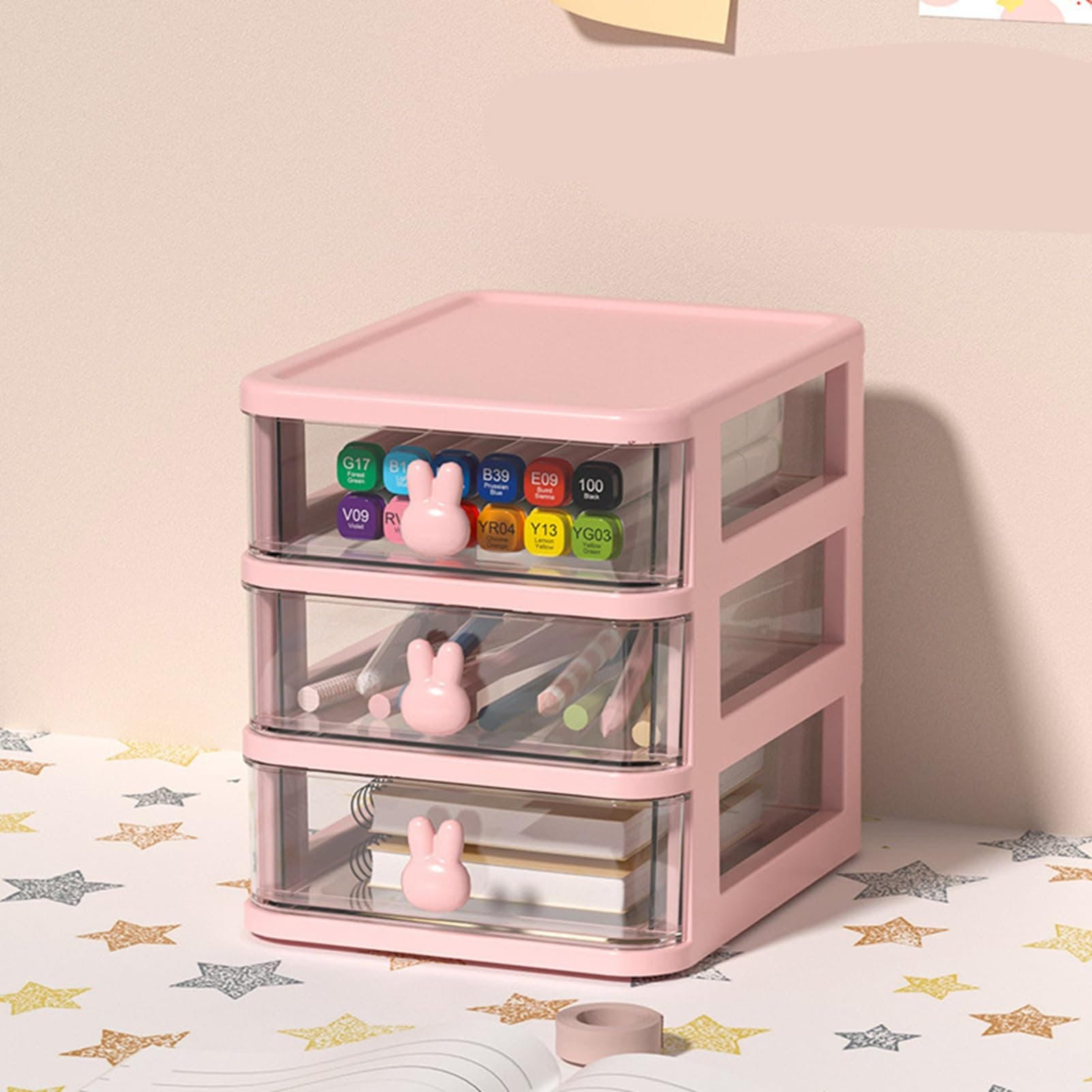 CFTGIW Desk Storage Box Multi Tier Transparent Plastic Large Capacity Bunny Handle Small Drawer Organizer for Book Pen OfficeDesk Storage BoxSm Drawer OrganizerPlastic Storag (Pink, 3