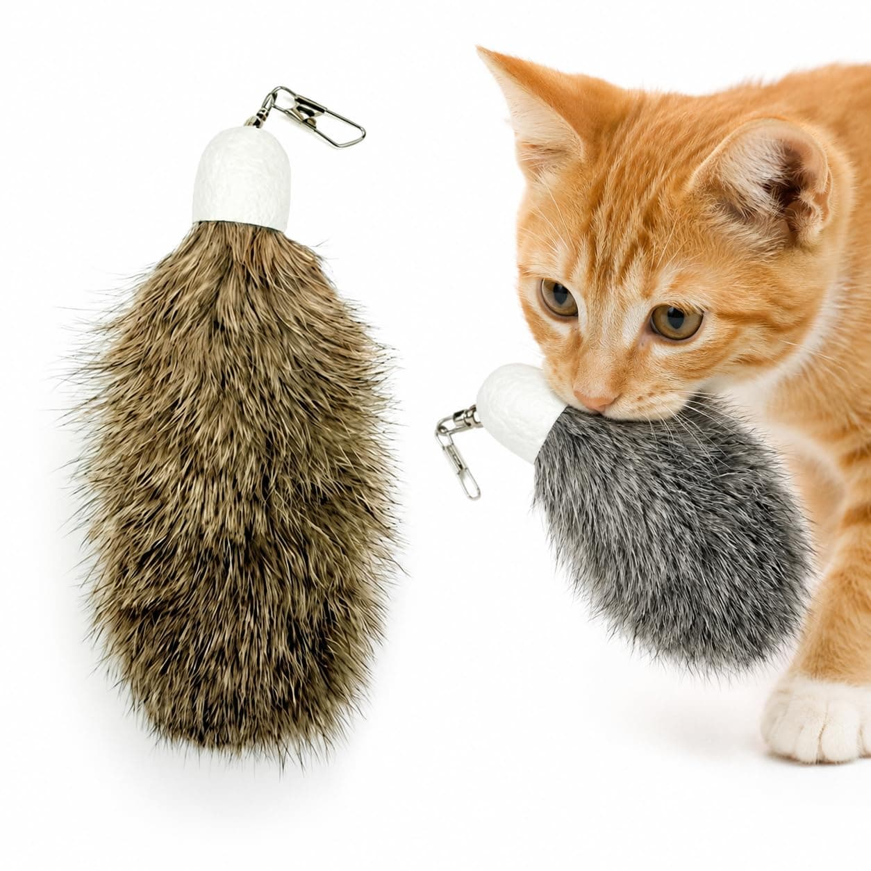 ZAYLUMO 2 Pack Natural Rabbit Fur Cat Toy Refills – Silent Interactive Cat Toys for Indoor Cats, Handmade Replacement Heads with Secure Connector for Cat Wand Toys