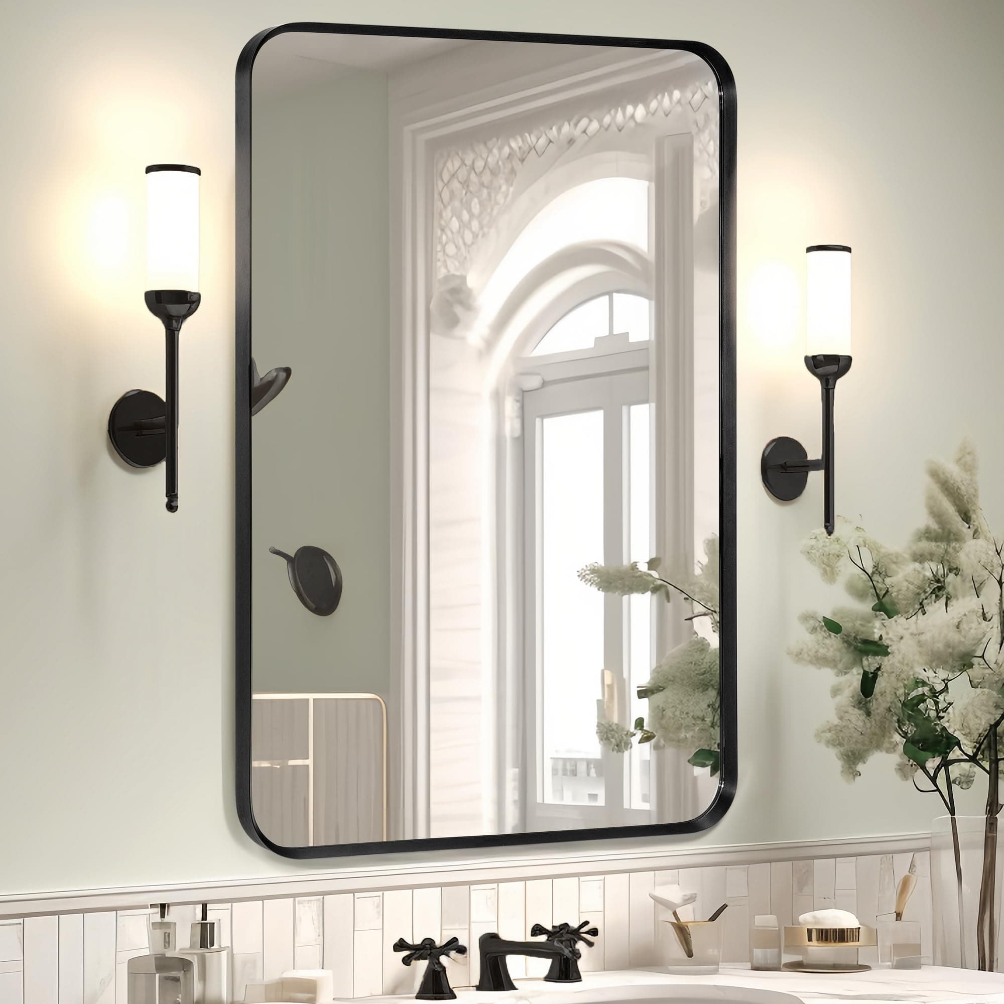 Minuover Wall Mount Mirror for Bathroom, Brushed Black Metal Framed Rounded Corner Rectangular Vanity Mirror (24" x 36", Black)