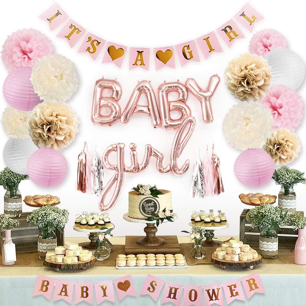 Sweet Baby Co. Pink Baby Shower Decorations for Girl with Its A Girl Banner, Baby Girl Letter Balloons, Flower Pom Poms, Paper Lanterns, Tassels (Rose Gold, Pink, Ivory, White Sprinkle Set)