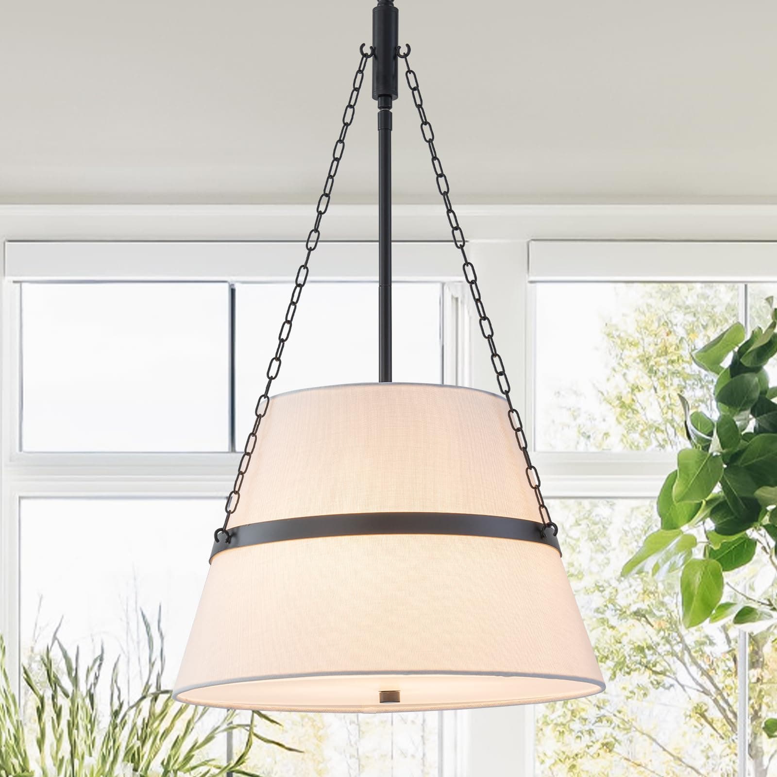 15.35" Black Drum Chandelier, White Linen Pendant Light for Kitchen Island
