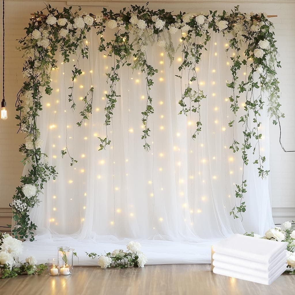 Xiomot Tulle Backdrop Curtain with Lights 20x8FT White Sheer Tulle Curtains
