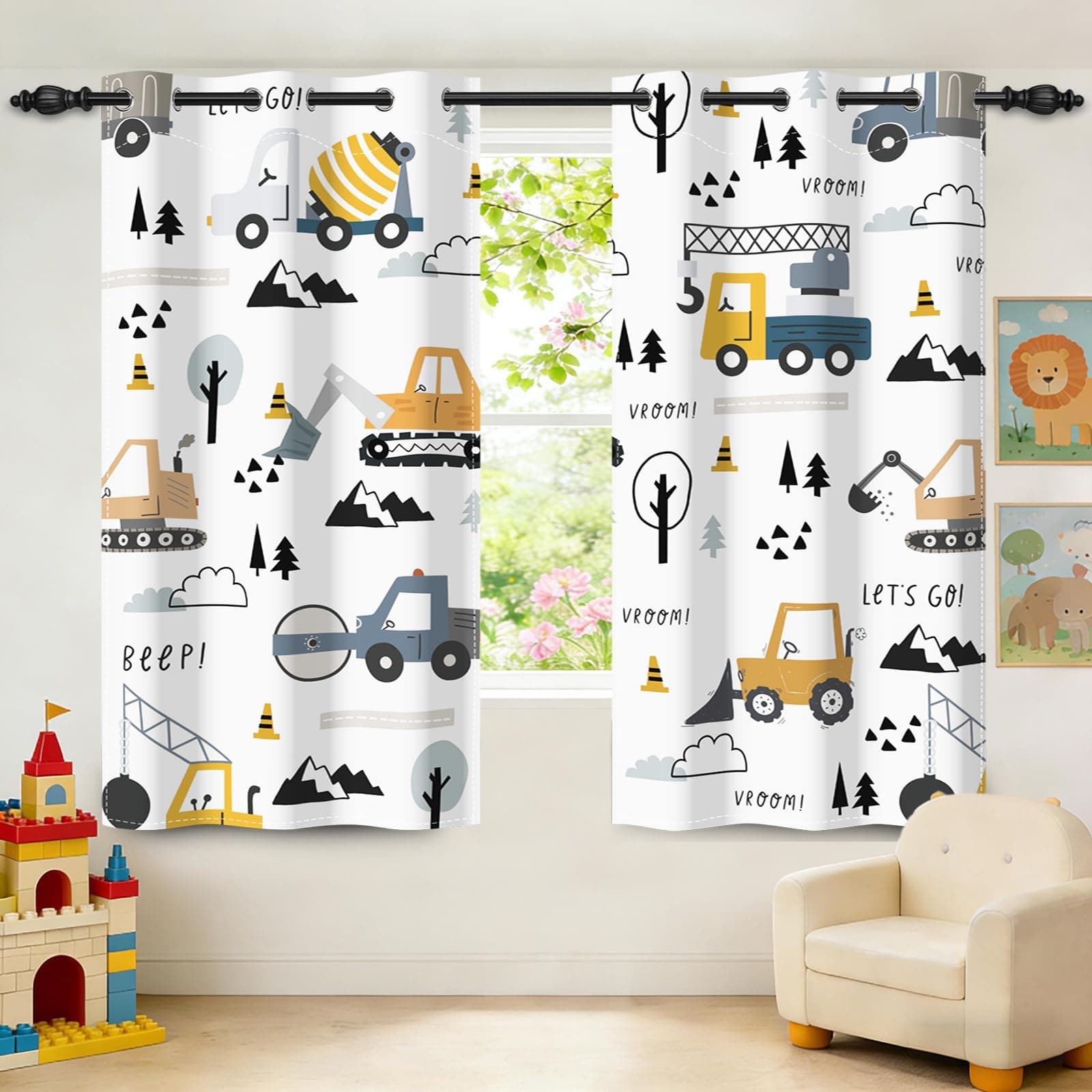 GICDSU Nursery Blackout Curtains for Kids Bedroom, Curtains 63 Inch Length 2 Panels Set, Thermal Insulated Room Darkening Drapes with Grommet Top, Cartoon Construction Truck Pattern, 42W x 63L
