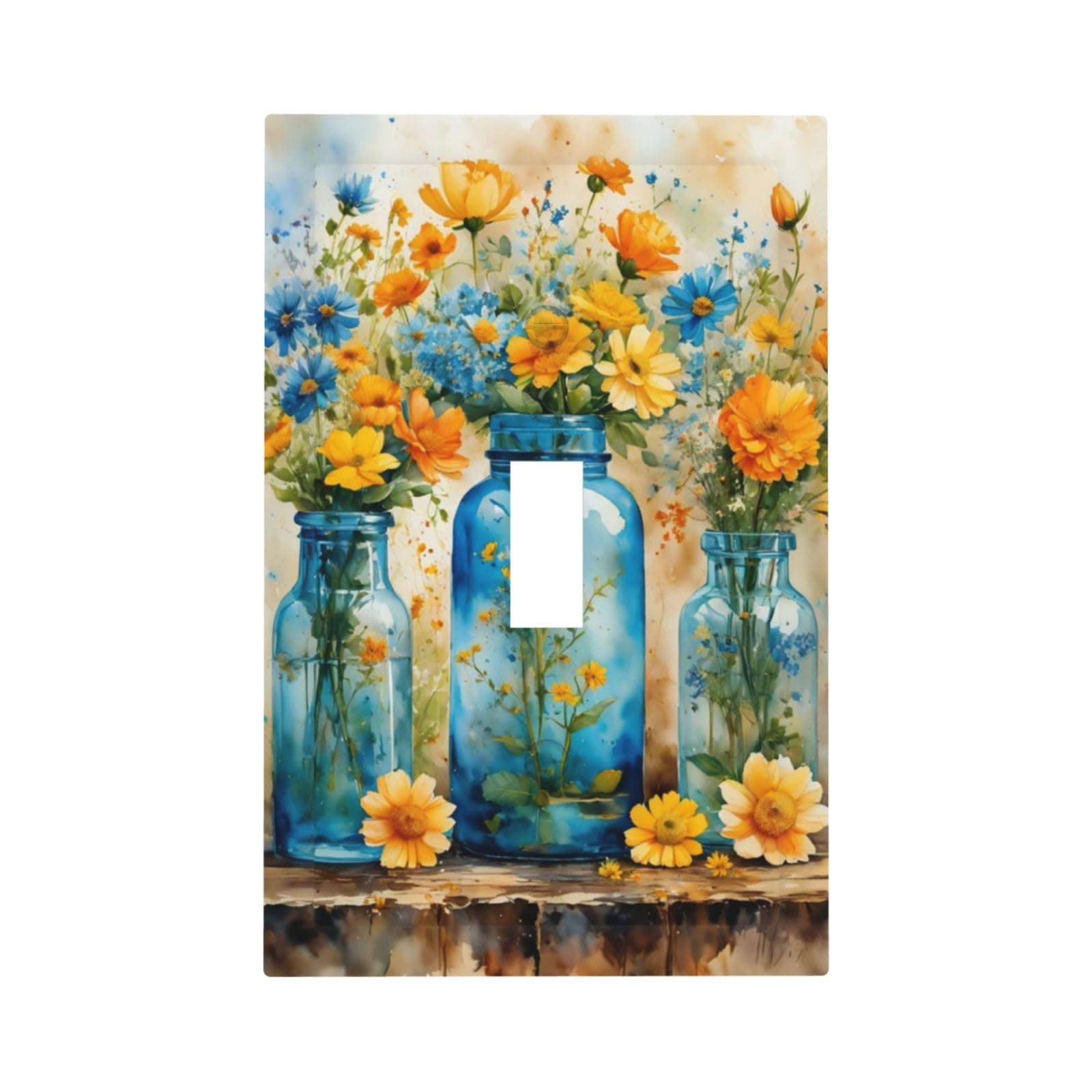 LuHuoLu Decorative Switch Covers Plate Rustic Yellow Flowers Floral Blue Bottles 1 Gang Wall Plate Oversized Single Toggle Wall Cover Plate Jumbo Electrical Light Switch Plate Faceplate