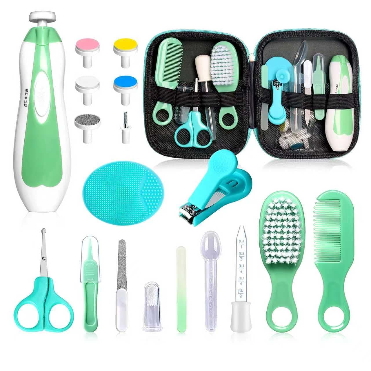 Baby Grooming Kit - 19 in 1 Nursery Essentials Baby Registry Shower Gift for Newborns, Infants, Toddlers, Boys, Girls Kids-Safety Baby Comb, Brush, Finger Toothbrush, Nail Clippers, Scissors(Green)