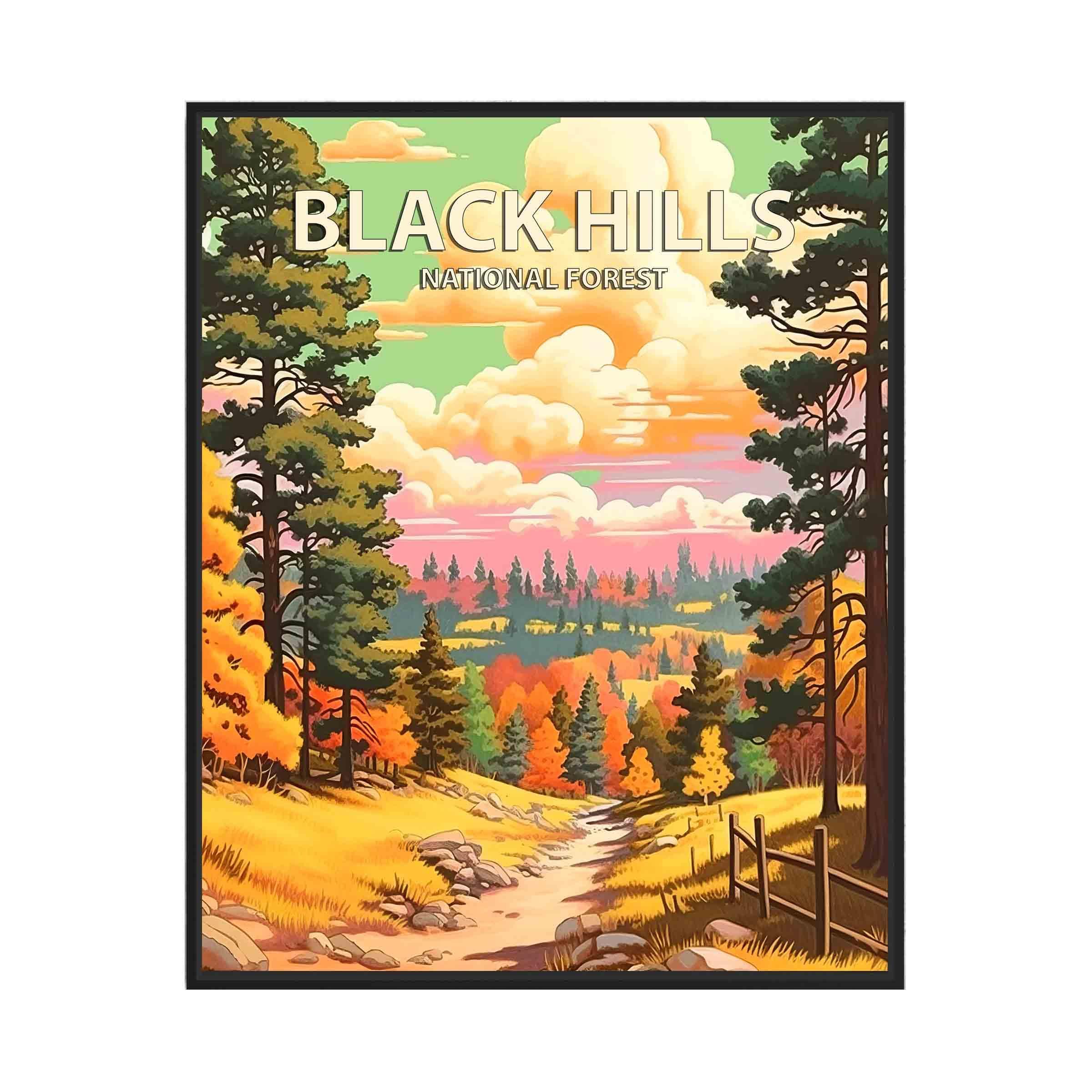 Black Hills National Forest Poster Art Print Retro Mountain Wall Art Poster Vintage Decor Nature Recreation Wilderness Wildlife Decoration, Outdoor Adventure Scenic Beauty Artwork. (Black Hills