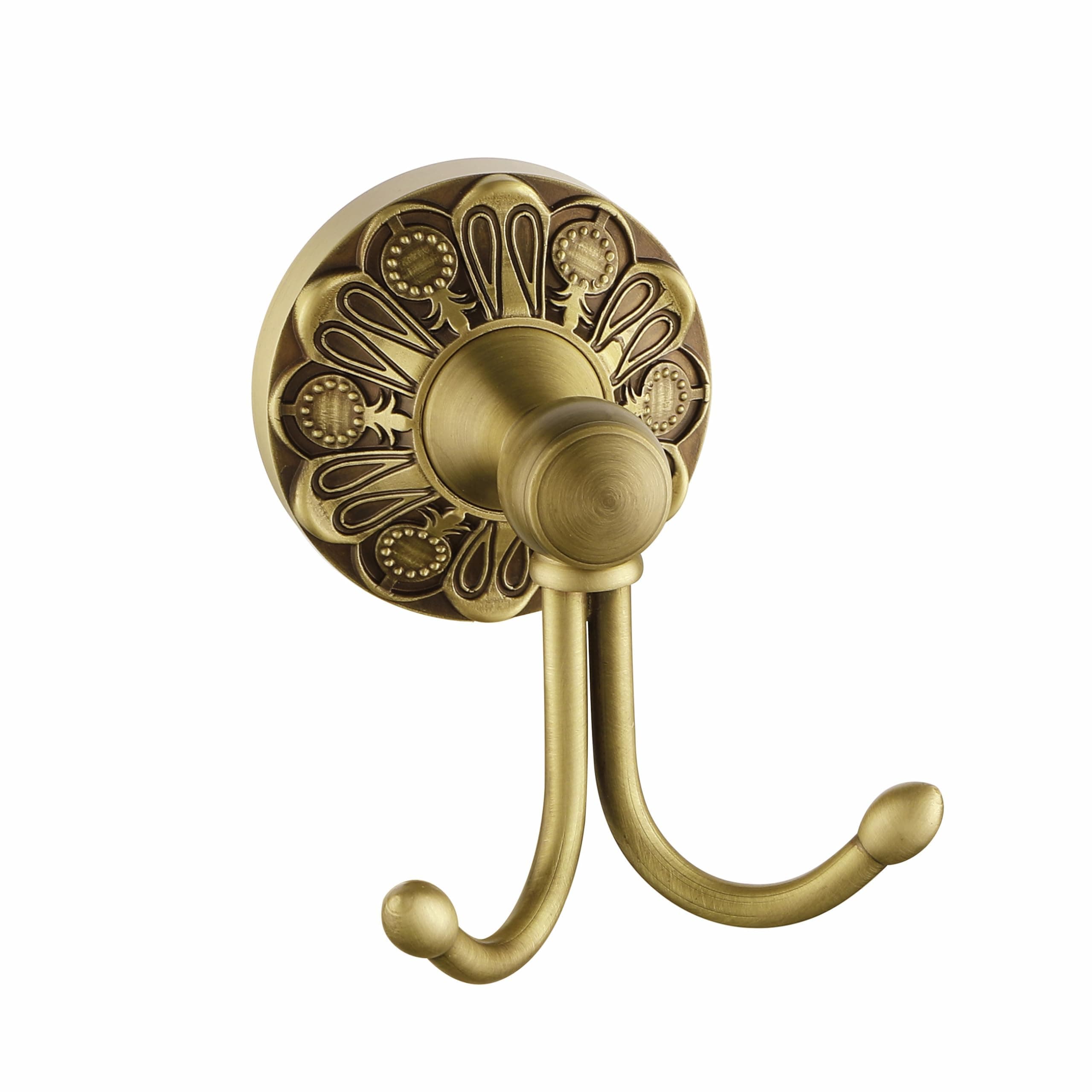 Lucyound Antique Brass Towel Hook, Wall Mounted Bathroom Hook for Clothing & Robe Hanger, Screws Install Shower Wall Hook, Vintage Gold Brass Petal-Relief Series Longhorn Double Hook