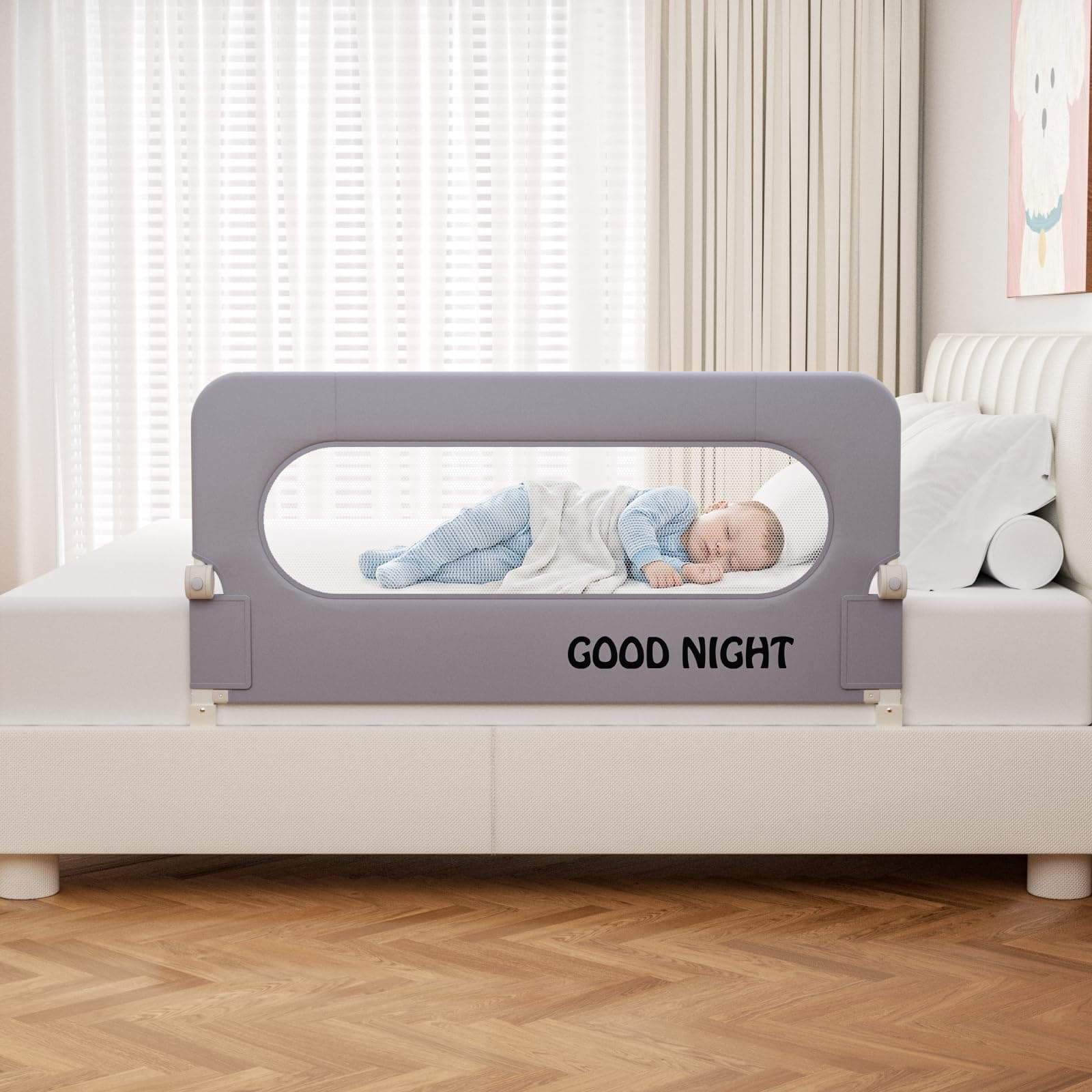 Bed Rail for Toddlers - Foldable Baby Bed Side Guard - Secure, Breathable, No-Gap Crib Safety Bumper for Kids, Toddler Bed Rail for Queen/King/Full Bed (48 inch)